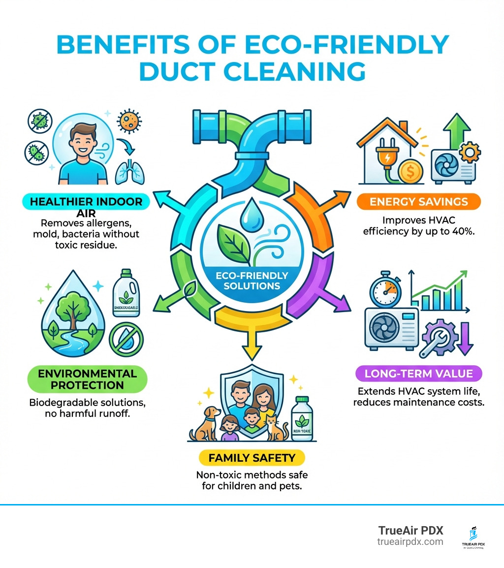 Infographic showing the benefits of eco-friendly duct cleaning: Healthier Indoor Air (removes allergens, mold, bacteria without toxic residue), Energy Savings (clean ducts improve HVAC efficiency by up to 40%), Environmental Protection (biodegradable solutions, no harmful runoff), Long-Term Value (extends HVAC system life, reduces maintenance costs), and Family Safety (non-toxic methods safe for children and pets) - eco-friendly duct cleaning infographic 