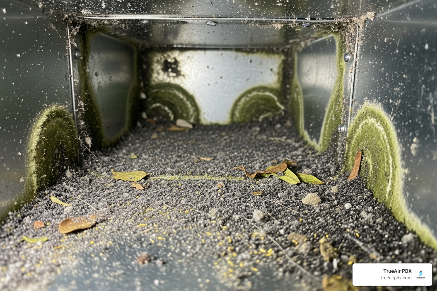 dirty air duct interior showing dust and debris - air duct cleaning gresham