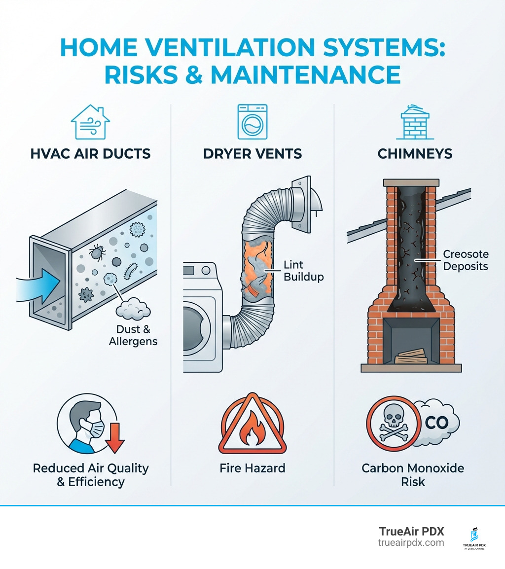 Infographic showing three main home ventilation systems: HVAC air ducts with dust and allergen particles, dryer vents with lint buildup and fire warning symbol, and chimneys with creosote deposits and carbon monoxide risk indicators - portland vent cleaning infographic 