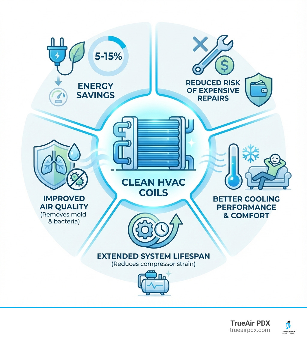 Infographic showing the benefits of clean HVAC coils: 5-15% energy savings, improved indoor air quality by removing mold and bacteria, extended system lifespan by reducing compressor strain, better cooling performance and comfort, and reduced risk of expensive repairs - HVAC coil cleaning infographic Infographic showing the benefits of clean HVAC coils: 5-15% energy savings, improved indoor air quality by removing mold and bacteria, extended system lifespan by reducing compressor strain, better cooling performance and comfort, and reduced risk of expensive repairs - HVAC coil cleaning infographic