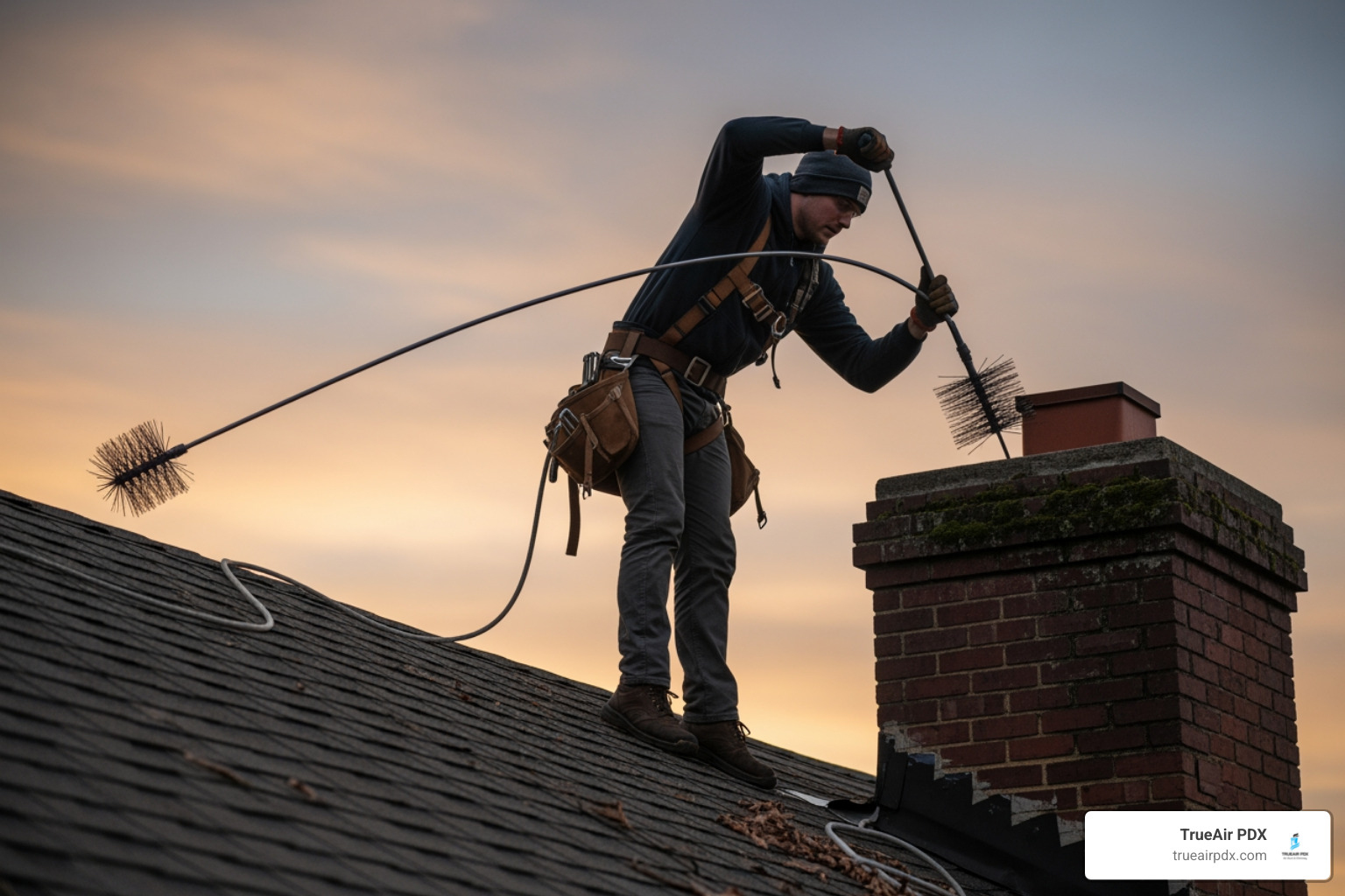 Person on roof beginning top-down chimney cleaning - clean fireplace flue