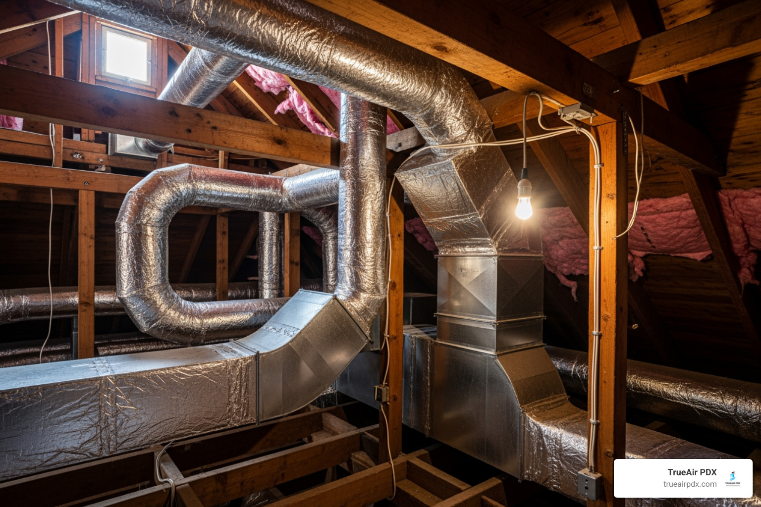 complex ductwork in an attic - ventilation cleaning service cost