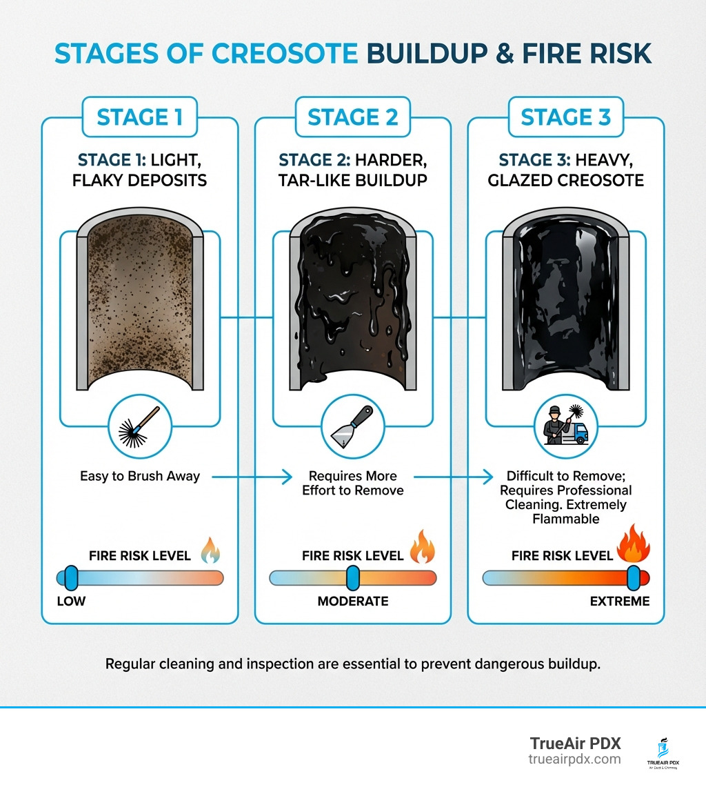 Infographic showing the three stages of creosote buildup: Stage 1 shows light, flaky deposits that are easy to brush away; Stage 2 shows harder, tar-like buildup that requires more effort to remove; Stage 3 shows heavy, glazed creosote that is extremely flammable and difficult to remove, requiring professional cleaning. Each stage includes fire risk level indicators from low to extreme. - clean fireplace flue infographic 