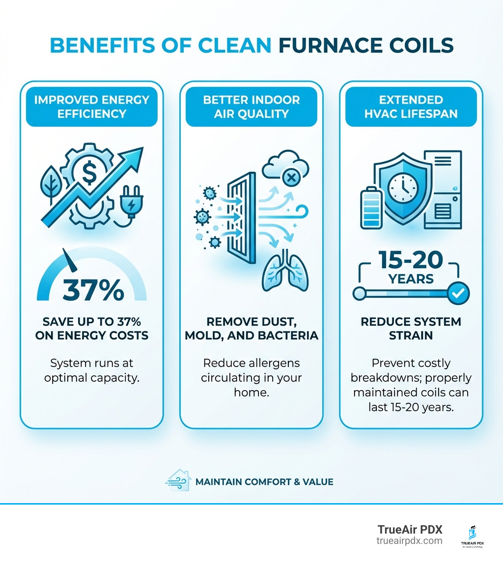 Infographic showing three columns: 1) Improved Energy Efficiency - Save up to 37% on energy costs with clean coils, system runs at optimal capacity; 2) Better Indoor Air Quality - Remove dust, mold, and bacteria that accumulate on dirty coils, reduce allergens circulating in your home; 3) Extended HVAC Lifespan - Reduce system strain and prevent costly breakdowns, properly maintained coils can last 15-20 years - furnace coil cleaning infographic 