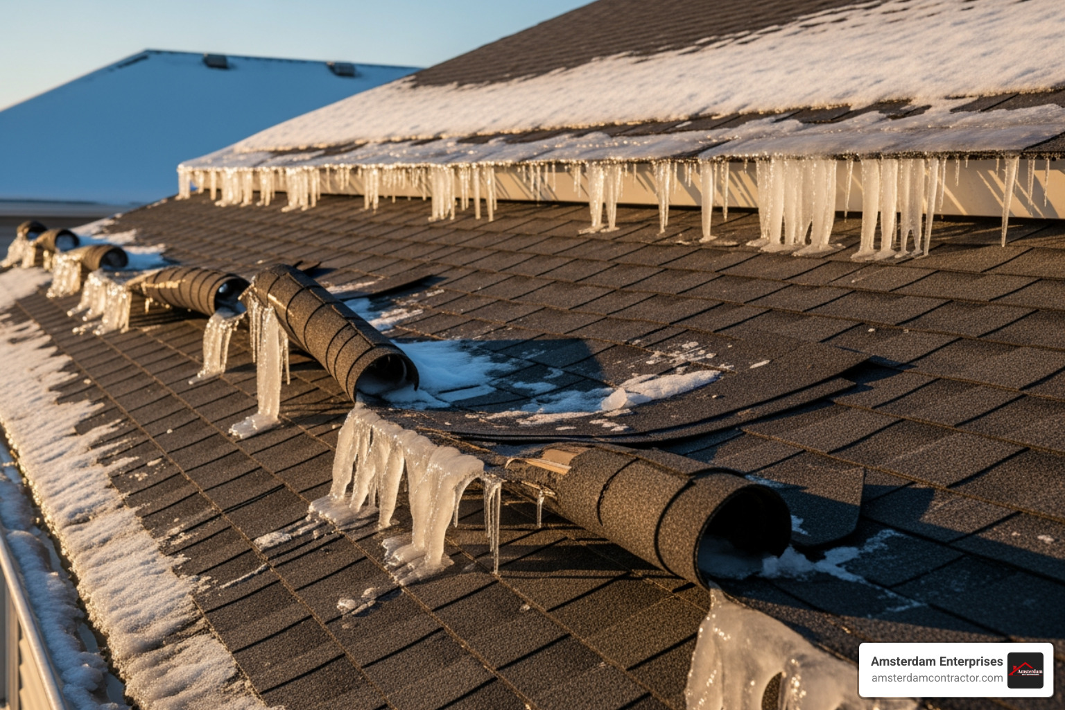 roof with visible ice dams and wind-blown shingles - roofers des plaines il