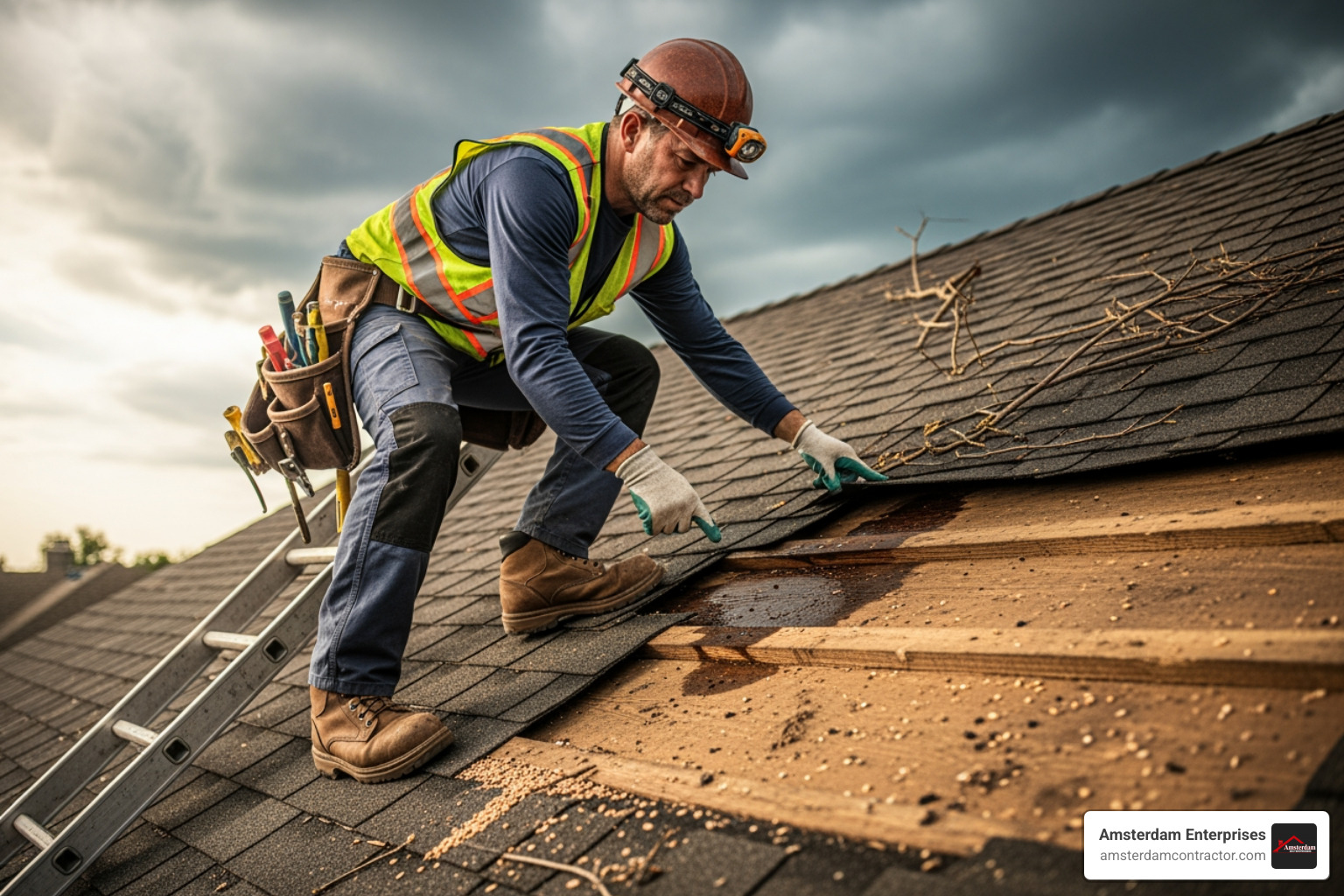 roofer inspecting storm-damaged roof - roofers des plaines il