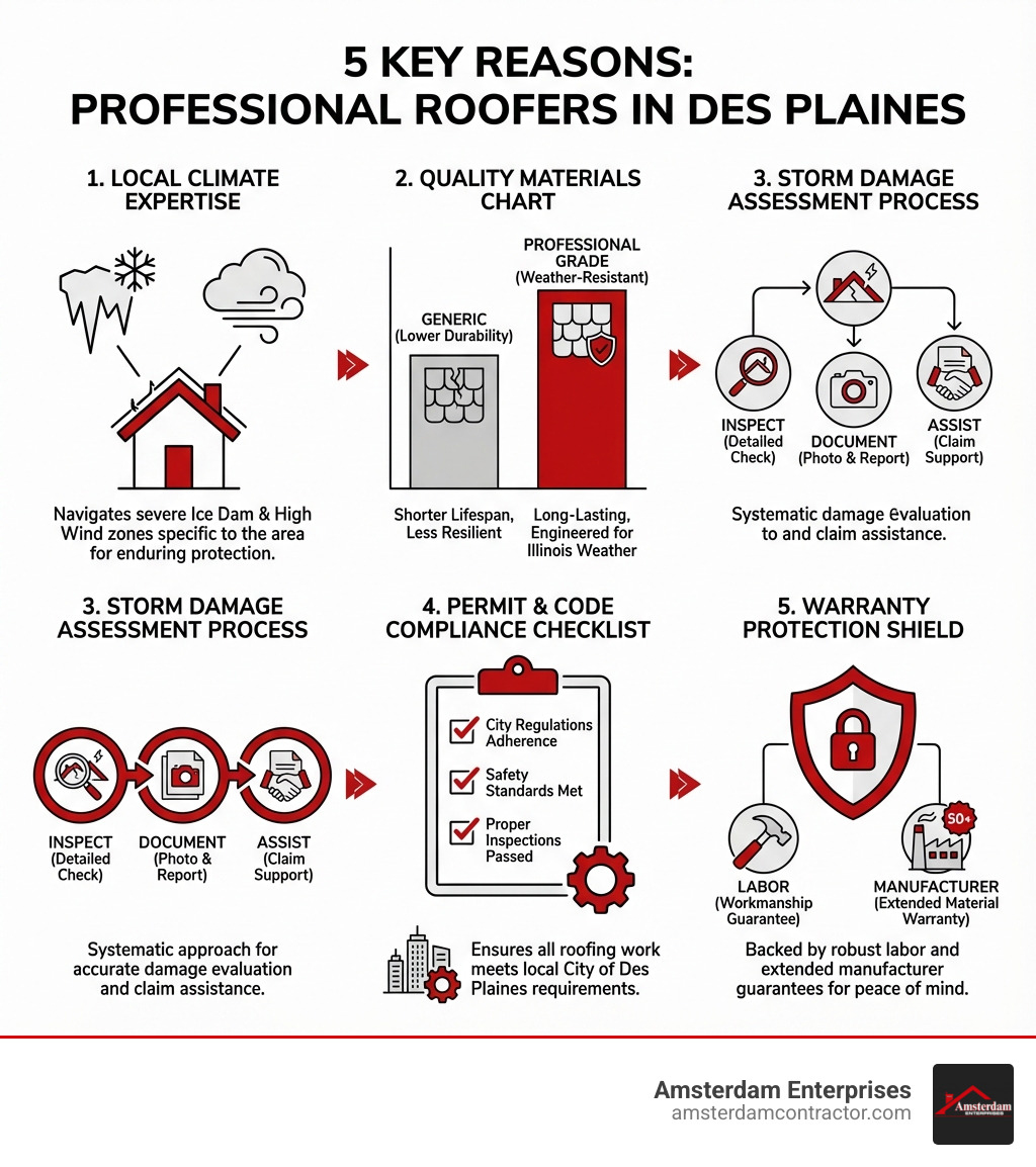 infographic showing 5 key reasons to hire professional roofers in Des Plaines: local climate expertise with icons of ice and wind, quality materials comparison chart, storm damage assessment process, permit and code compliance checklist, and warranty protection shield - roofers des plaines il infographic 
