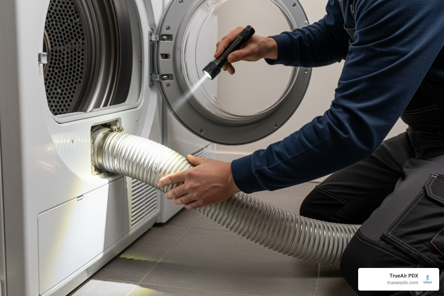 Person inspecting dryer transition hose - dryer not venting properly Person inspecting dryer transition hose - dryer not venting properly