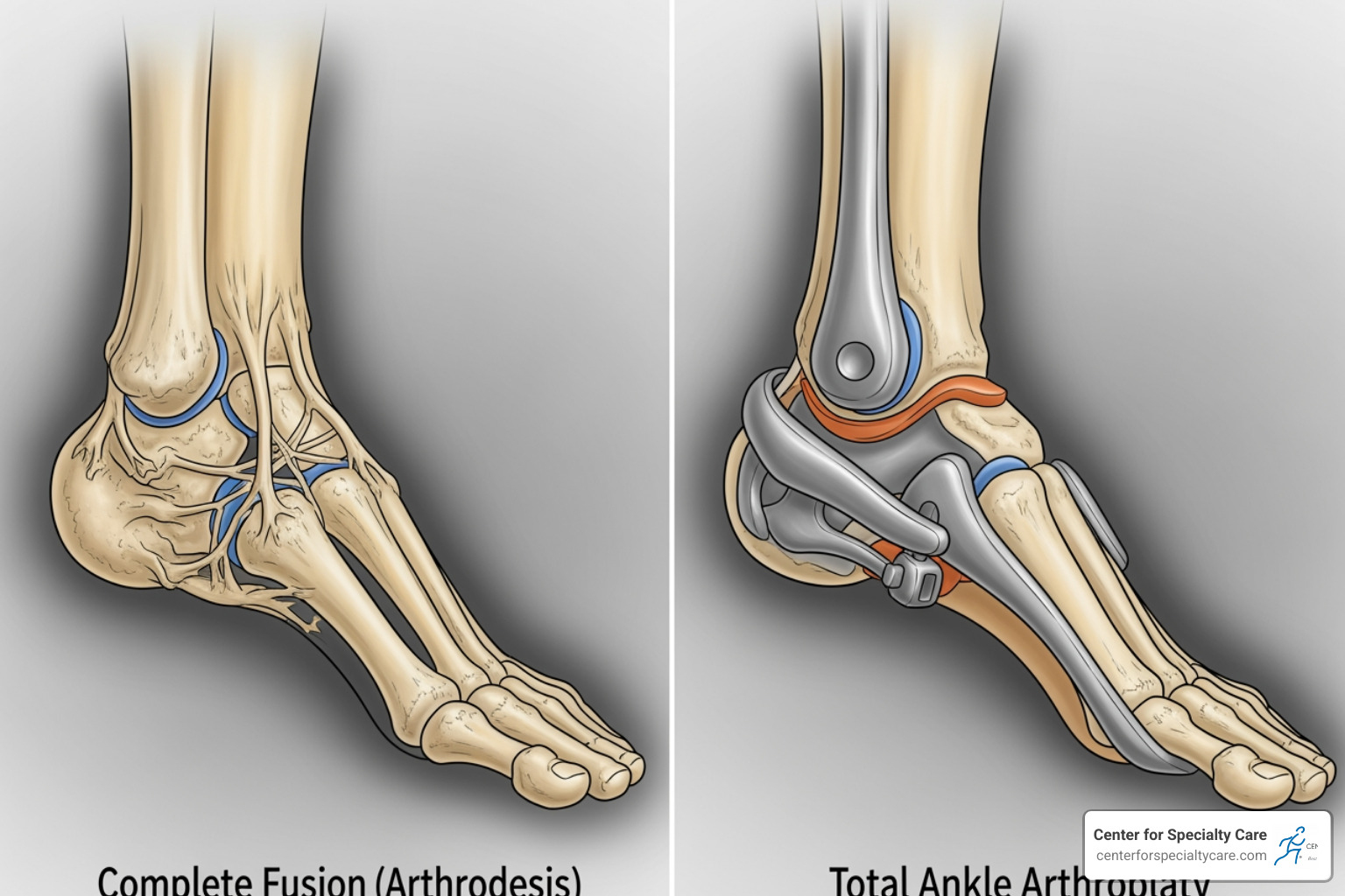 Diagram showing the difference between an ankle fusion and an ankle replacement - foot surgery options