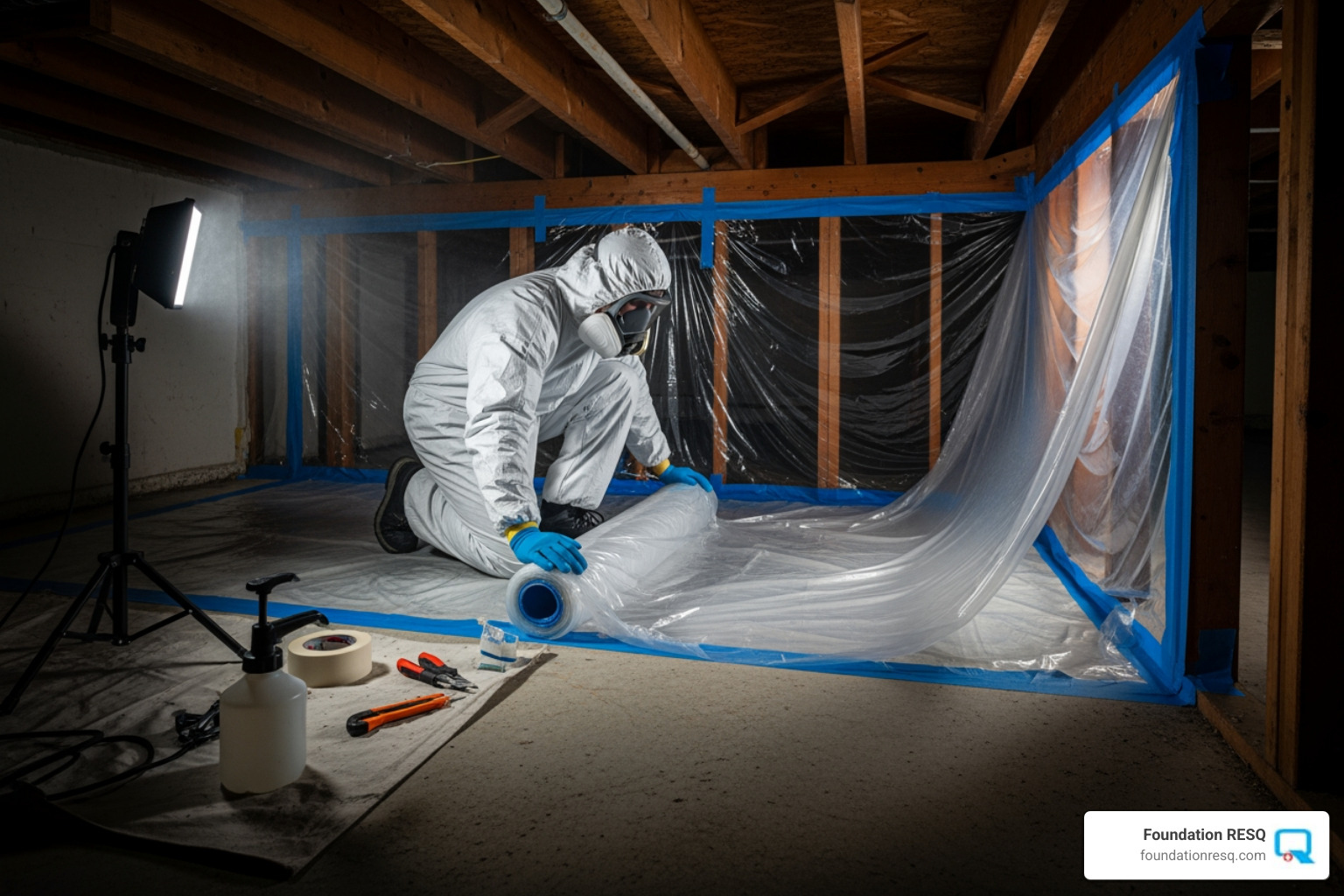 professional setting up containment - crawl space mold removal
