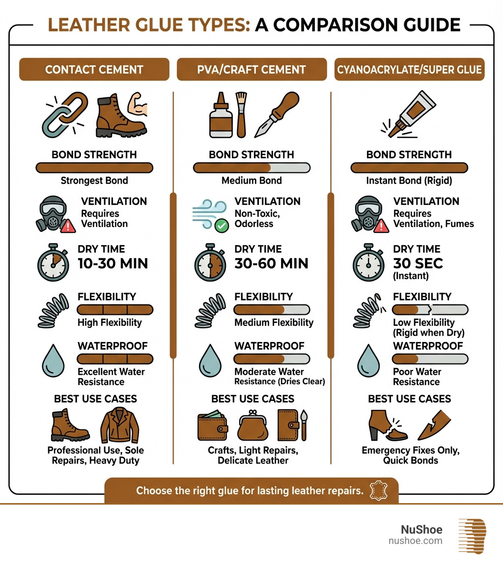 Infographic comparing three main types of leather glue: Contact Cement (strongest bond, requires ventilation, 10-30 minute dry time, professional use), PVA/Craft Cement (non-toxic, dries clear, 30-60 minute dry time, crafts and light repairs), and Cyanoacrylate/Super Glue (instant bond, rigid when dry, 30 second dry time, emergency fixes only). Each type shows flexibility rating, waterproof rating, and best use cases. - best leather glue infographic 