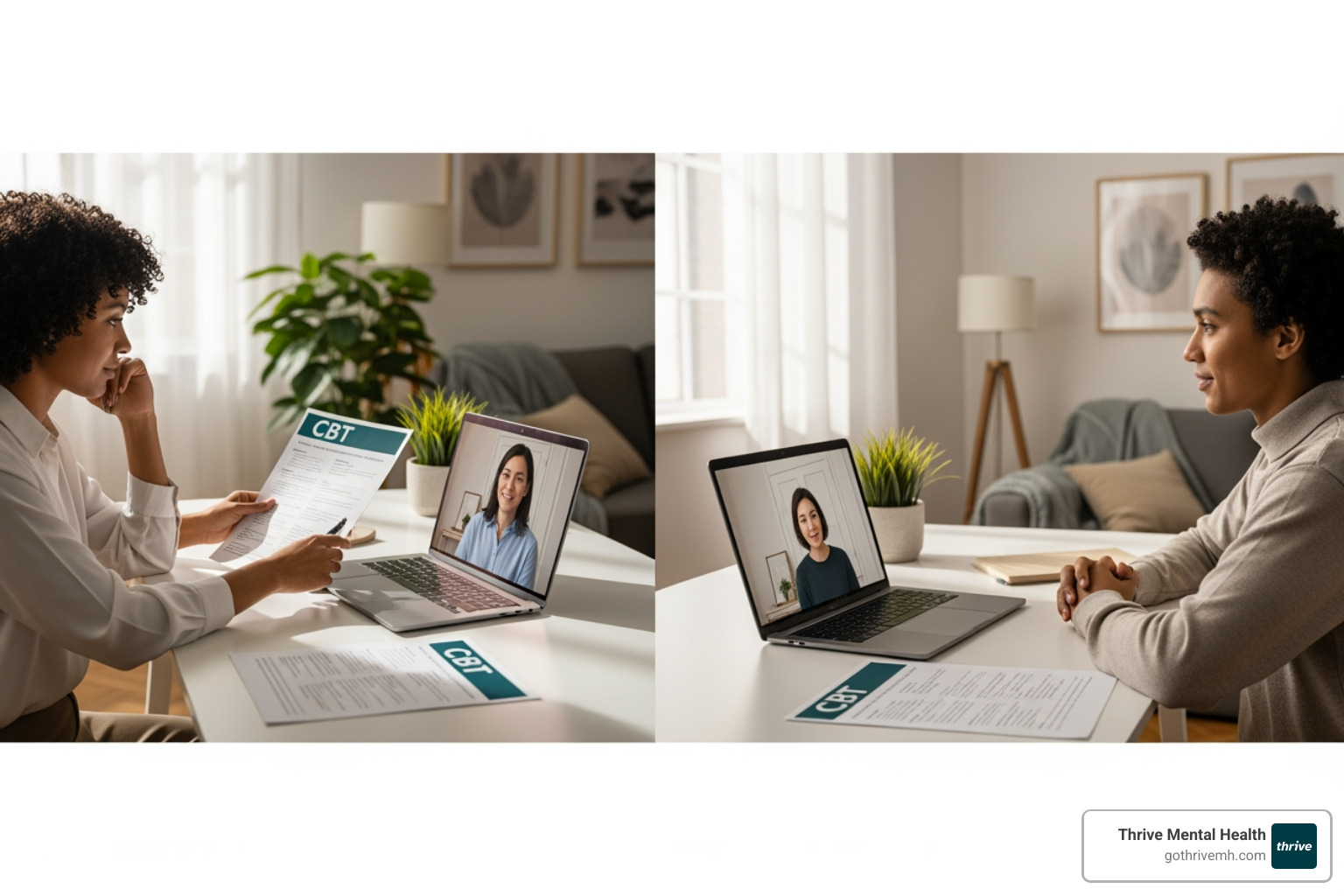 therapist and client collaboratively looking at a worksheet during a virtual therapy session - cbt worksheets