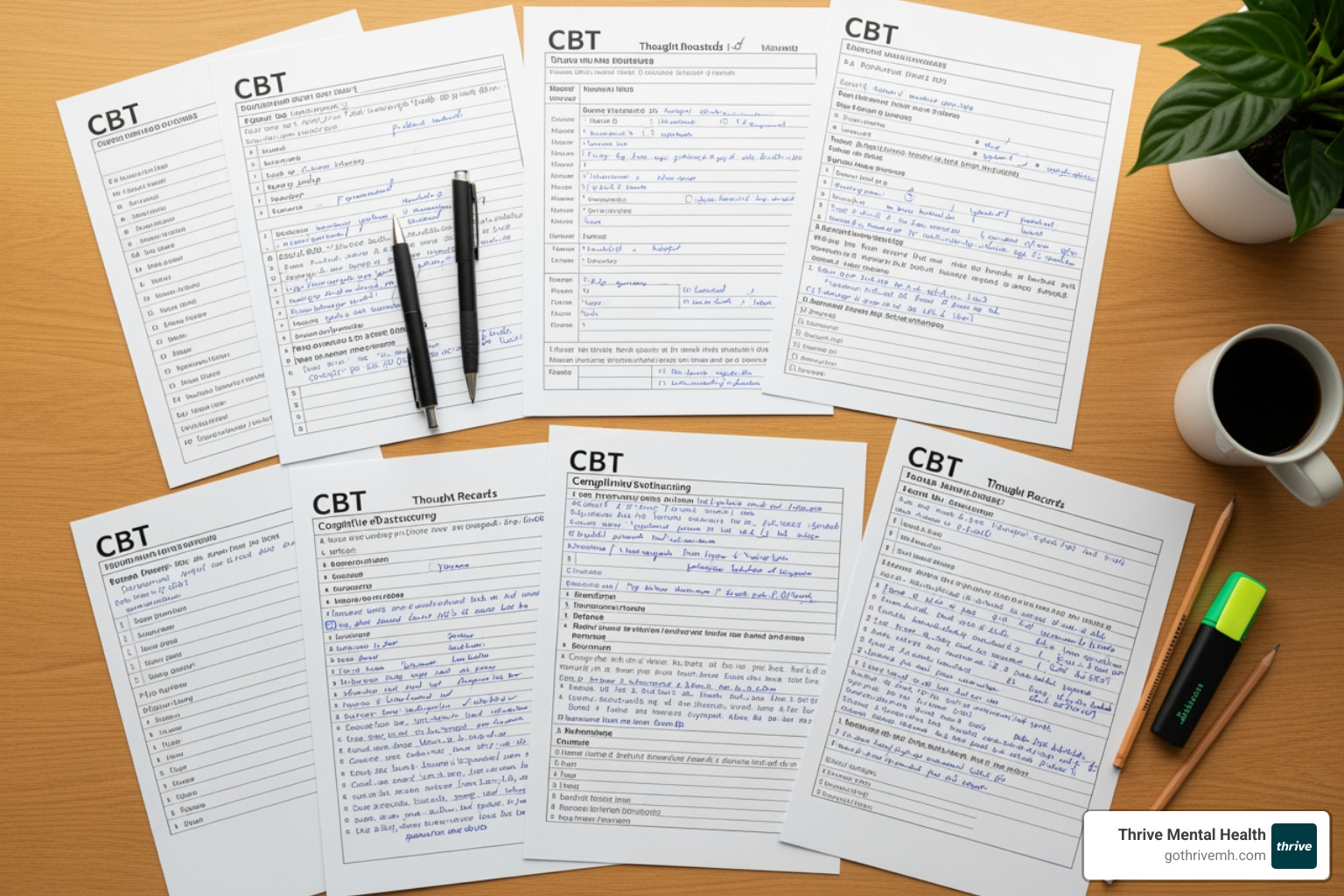collage showing snippets of different types of CBT worksheets like a thought record and an activity schedule - cbt worksheets