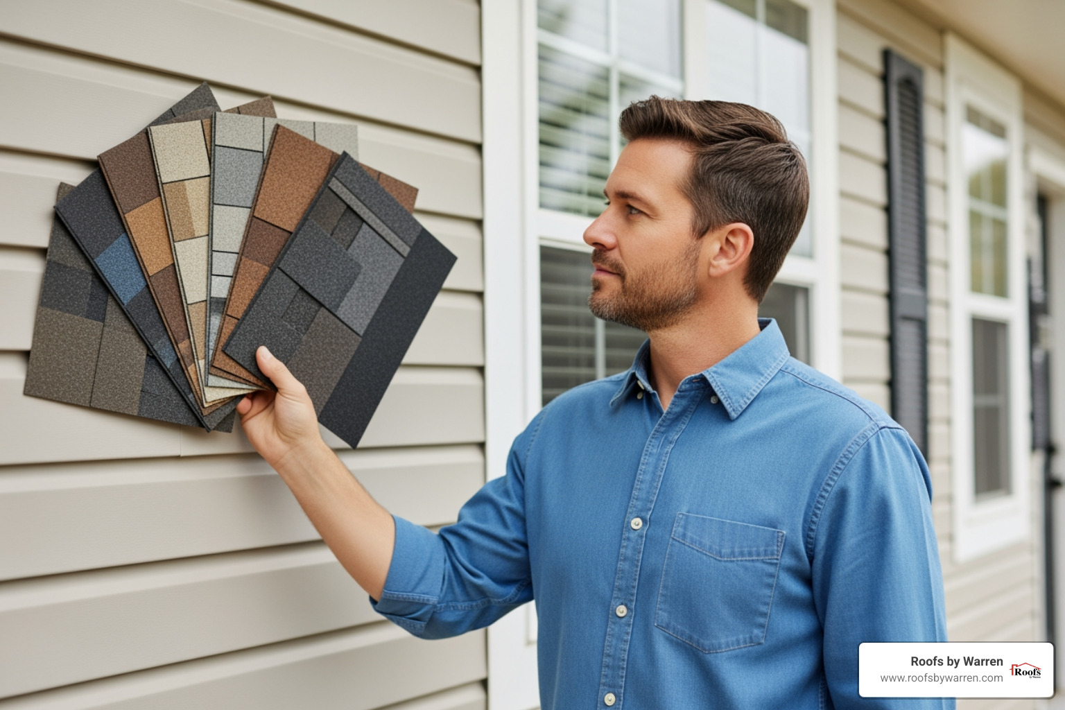 homeowner comparing different shingle color samples against their home's siding - Best shingle roof
