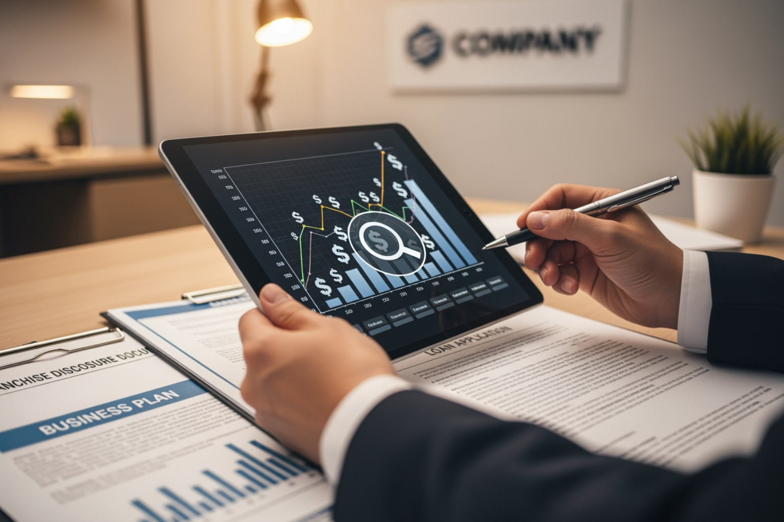Person Reviewing Financial Documents With A Calculator - Franchise Buying Person reviewing financial documents with a calculator - franchise buying