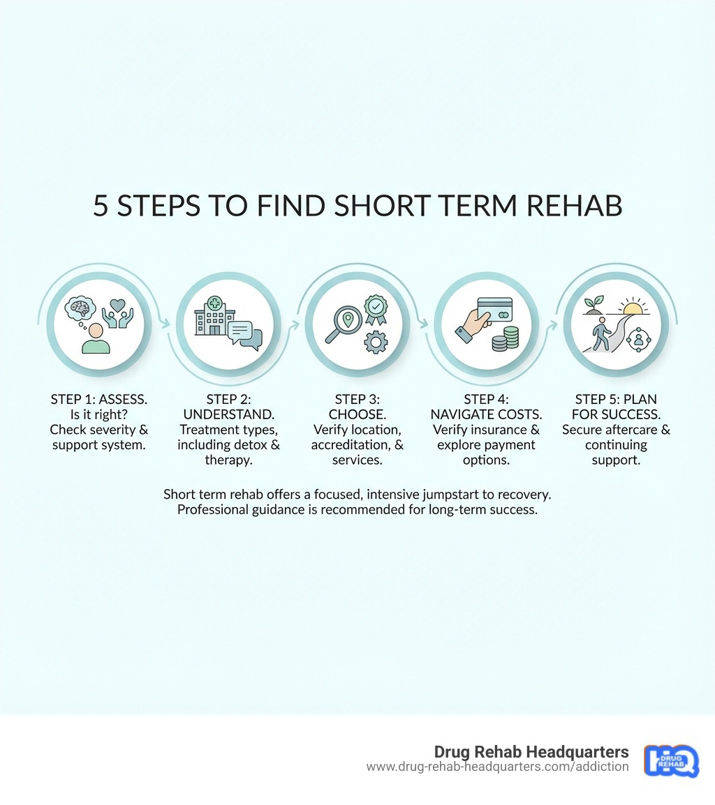 Infographic showing 5 steps to find short term rehab: Step 1 - Assess if short term rehab is right for you based on addiction severity and support system. Step 2 - Understand what happens during treatment including detox and therapy types. Step 3 - Choose a program by checking location, accreditation, and specialized services. Step 4 - Navigate costs by verifying insurance coverage and exploring payment options. Step 5 - Plan for success after treatment with aftercare and continuing support - short term rehab infographic 