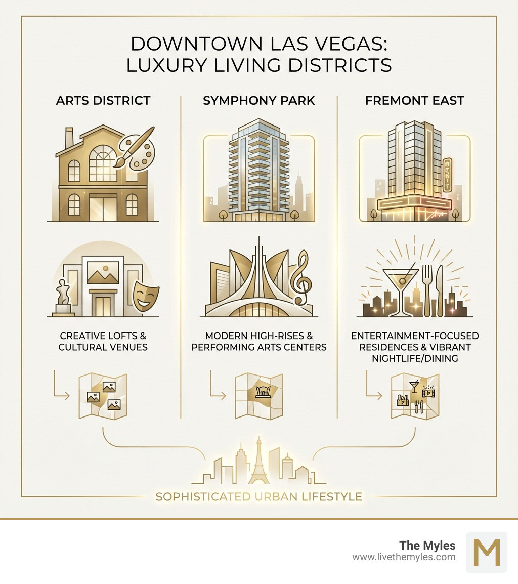 infographic showing three main Downtown Las Vegas luxury living districts: Arts District with creative lofts and cultural venues, Symphony Park featuring modern high-rises and performing arts centers, and Fremont East with entertainment-focused residential towers near dining and nightlife - luxury apartments downtown las vegas infographic infographic showing three main Downtown Las Vegas luxury living districts: Arts District with creative lofts and cultural venues, Symphony Park featuring modern high-rises and performing arts centers, and Fremont East with entertainment-focused residential towers near dining and nightlife - luxury apartments downtown las vegas infographic