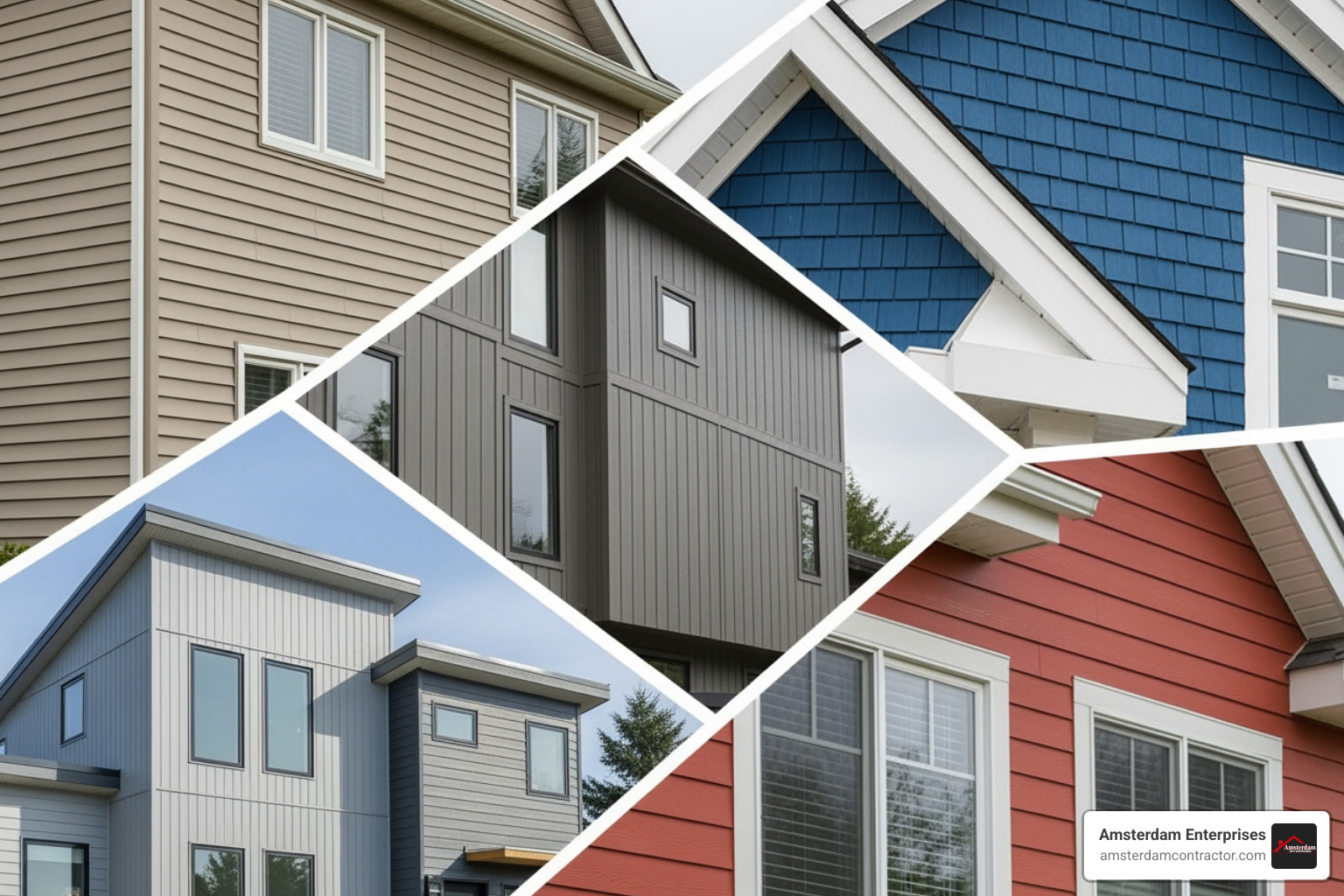collage of different vinyl siding styles (lap, vertical, shake, etc.) - vinyl siding services