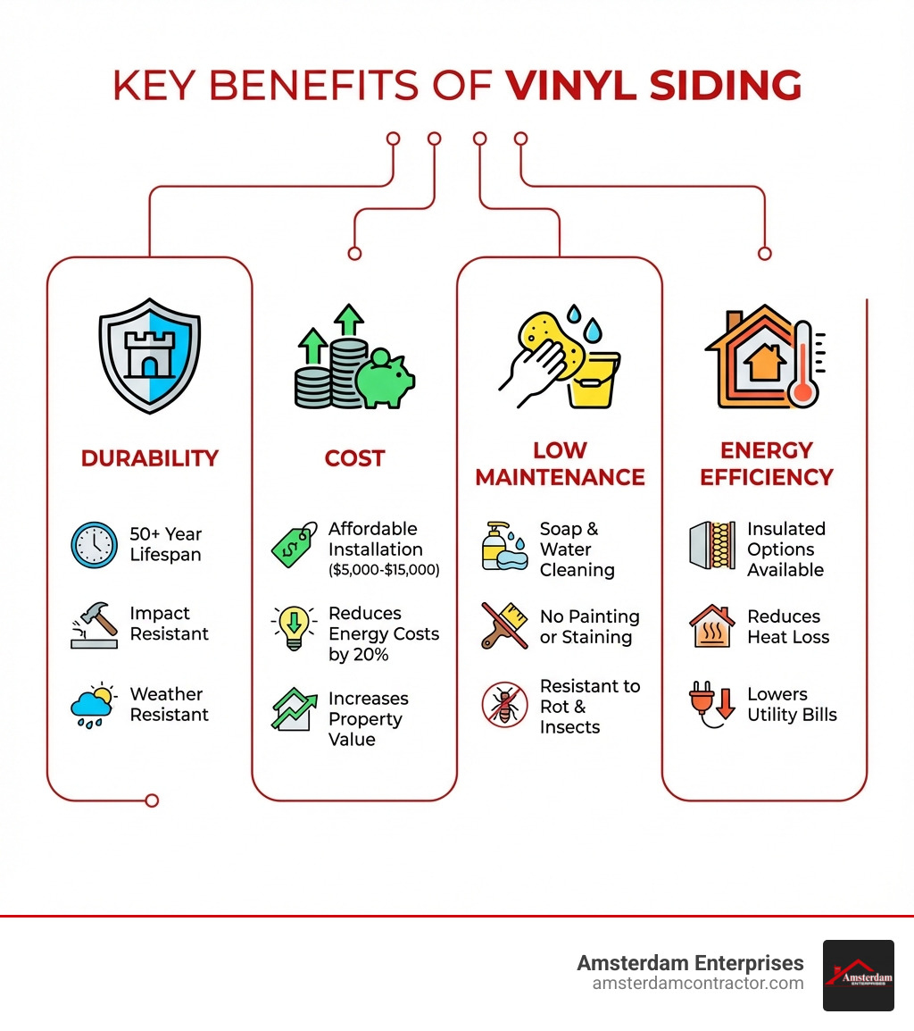 Infographic showing the key benefits of vinyl siding: Durability (50+ year lifespan, impact resistant, weather resistant), Cost (affordable installation $5,000-$15,000, reduces energy costs by 20%, increases property value), Low Maintenance (soap and water cleaning, no painting or staining, resistant to rot and insects), and Energy Efficiency (insulated options available, reduces heat loss, lowers utility bills) - vinyl siding services infographic 
