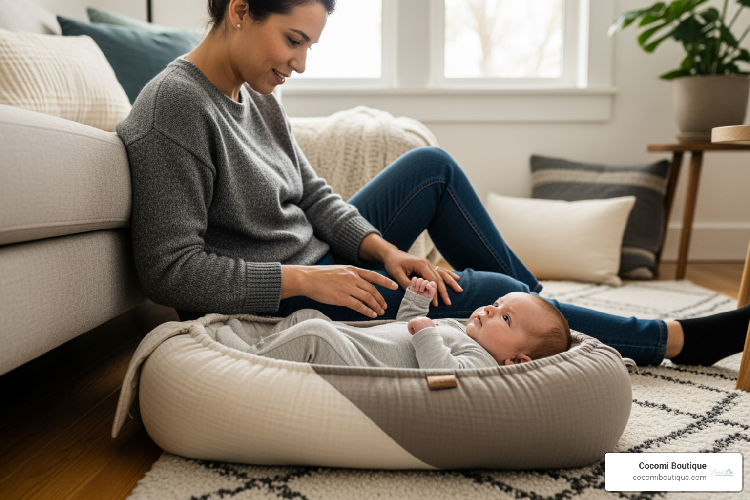 Image of a parent sitting next to a baby who is awake in a nest on the floor - nest for newborn Image of a parent sitting next to a baby who is awake in a nest on the floor - nest for newborn
