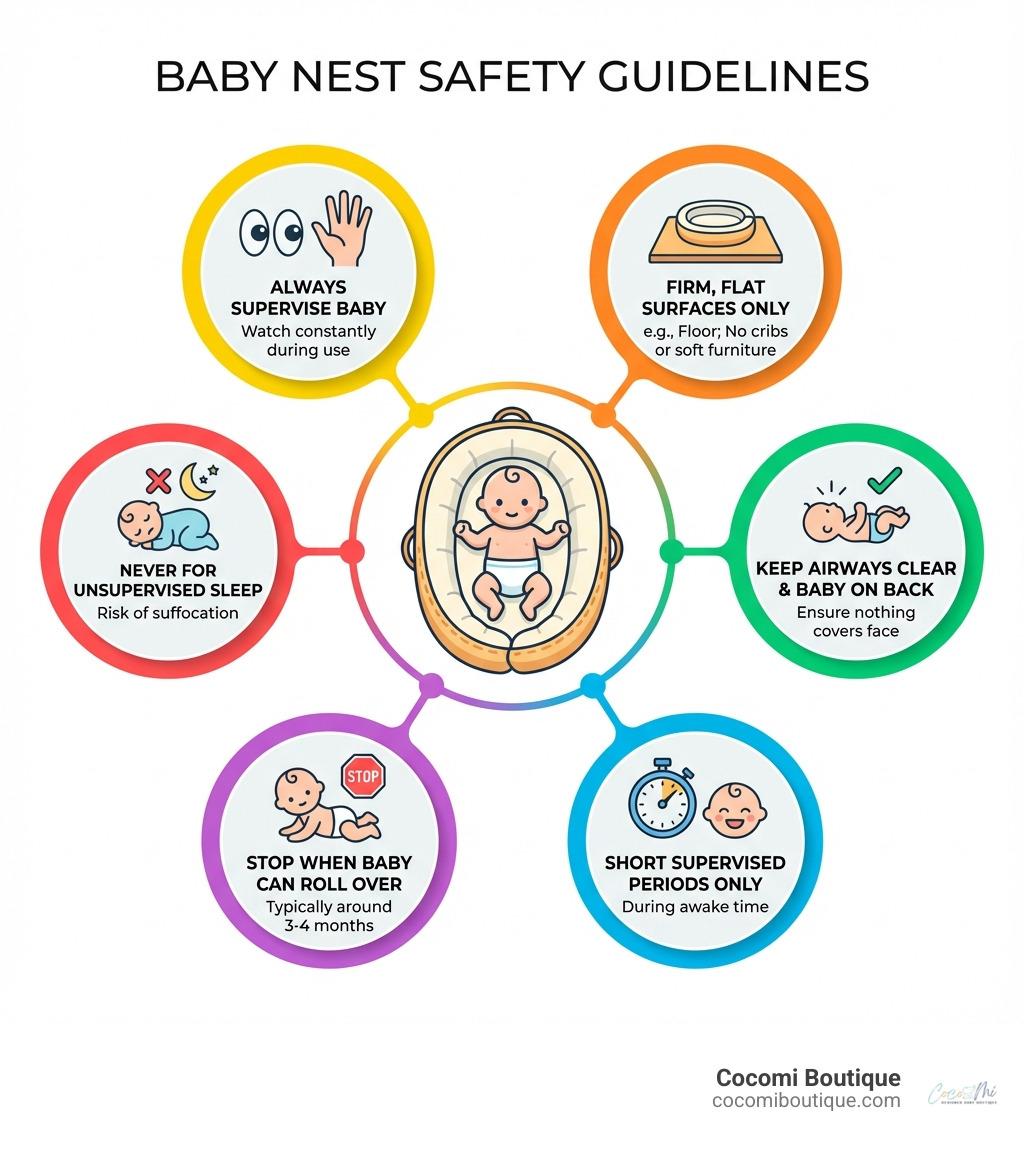 Infographic showing baby nest safety guidelines: Always supervise baby, place only on firm flat surfaces like floors, never use for unsupervised sleep, stop using when baby can roll over, keep airways clear and baby on back, use only for short supervised periods during awake time - nest for newborn infographic Infographic showing baby nest safety guidelines: Always supervise baby, place only on firm flat surfaces like floors, never use for unsupervised sleep, stop using when baby can roll over, keep airways clear and baby on back, use only for short supervised periods during awake time - nest for newborn infographic
