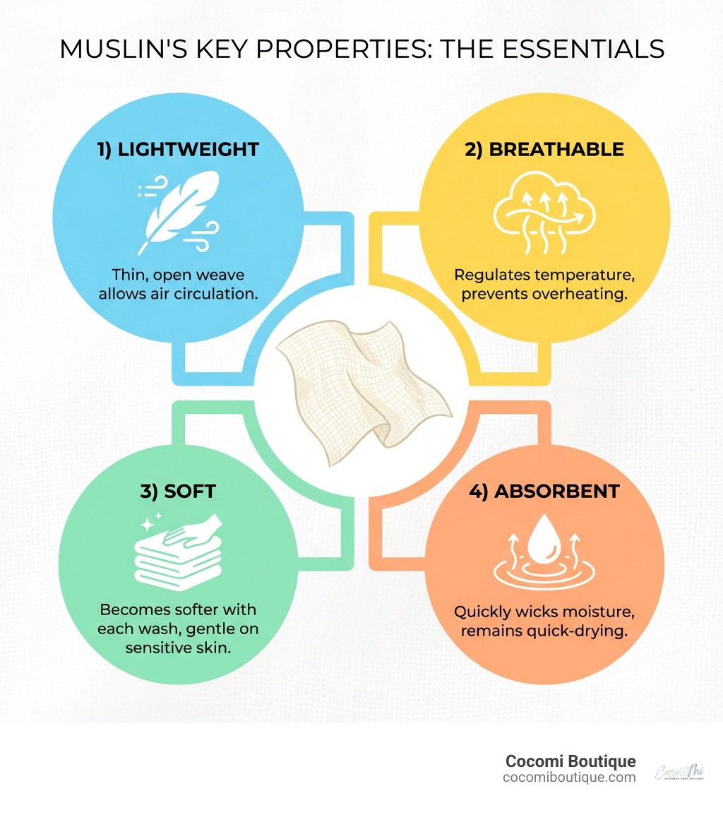 Infographic showing muslin's four key properties: 1) Lightweight - thin, open weave allows air circulation; 2) Breathable - regulates temperature and prevents overheating; 3) Soft - becomes softer with each wash, gentle on sensitive skin; 4) Absorbent - quickly wicks moisture while remaining quick-drying - muslin infographic 