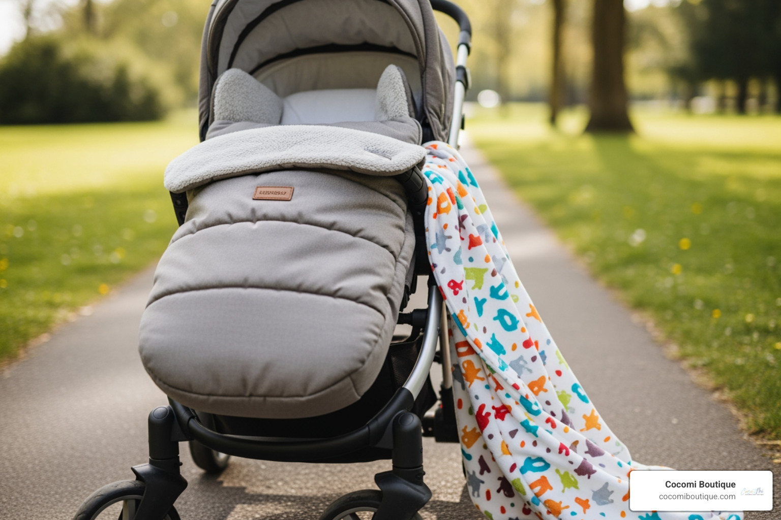 blanket kicked off onto the ground next to a stroller with a securely fitted footmuff - baby footmuff