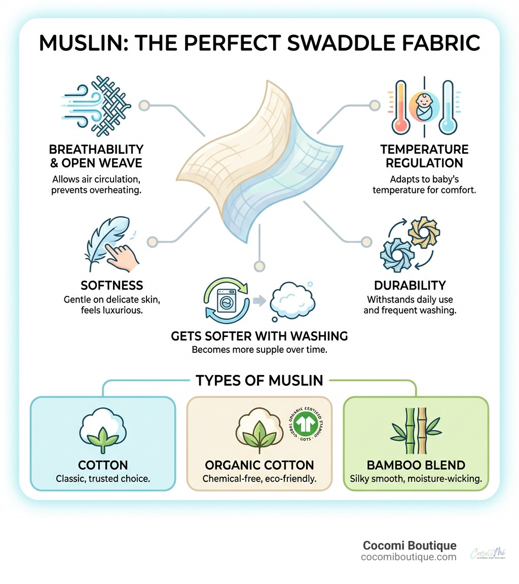 infographic showing muslin fabric properties including breathability open weave temperature regulation softness durability and gets softer with washing plus types of muslin cotton organic cotton and bamboo blend - swaddle with a muslin infographic 