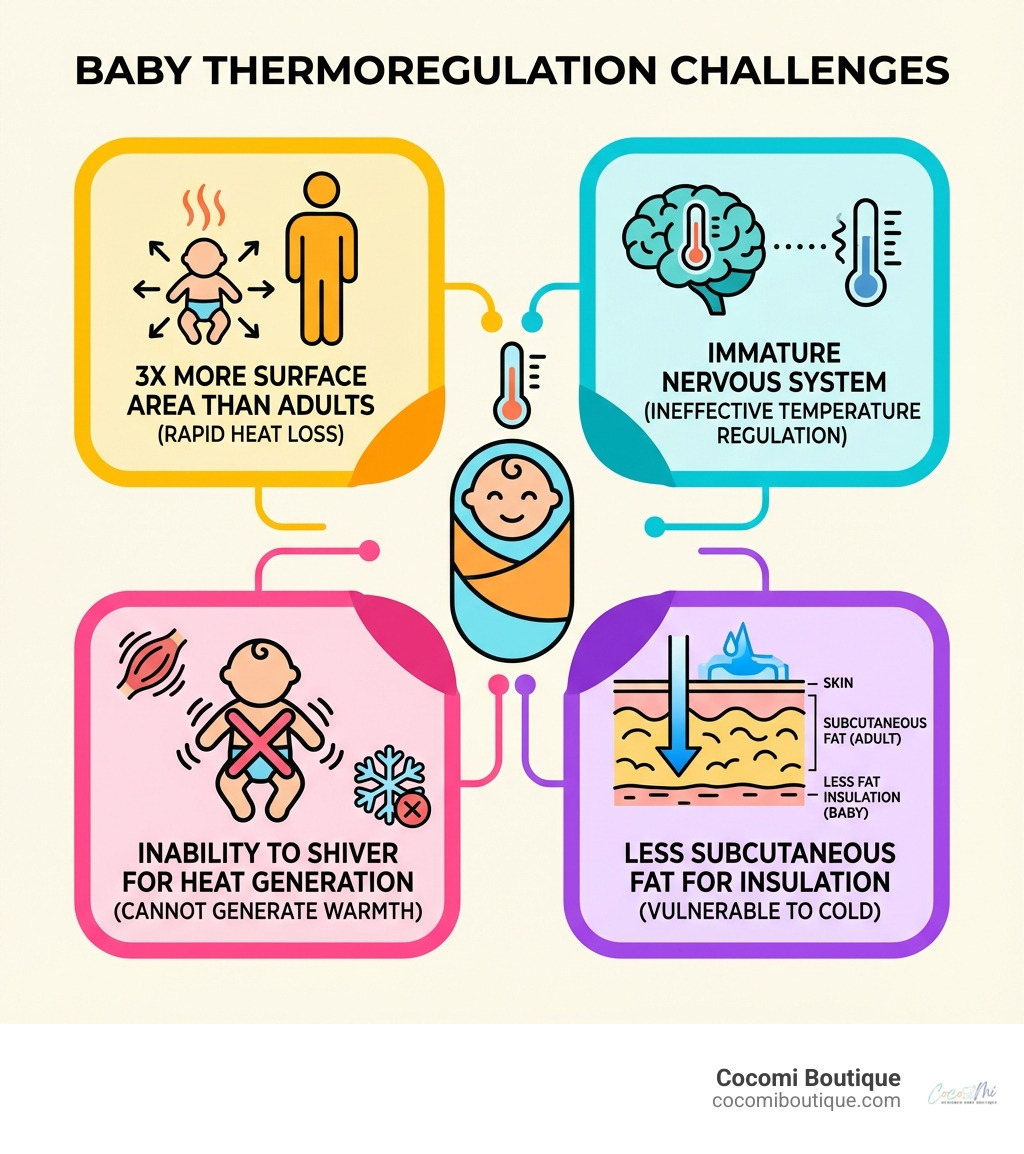 infographic showing baby thermoregulation challenges including three times more surface area than adults, immature nervous system unable to regulate temperature effectively, inability to shiver for heat generation, and less subcutaneous fat for insulation - baby footmuff infographic 