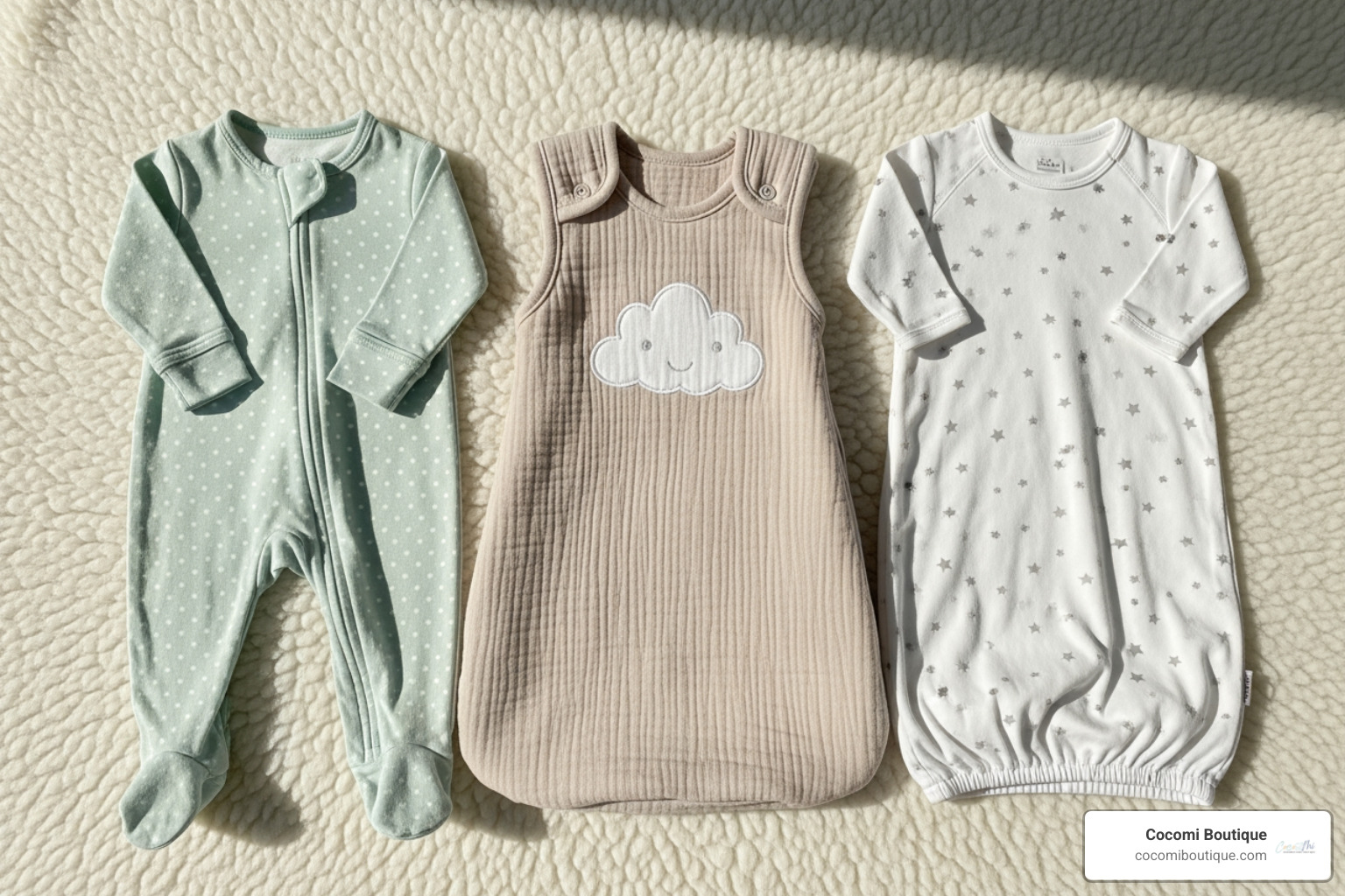 different types of sleepers laid out: a footed pajama, a sleep sack, and a sleeper gown - Newborn baby sleeper