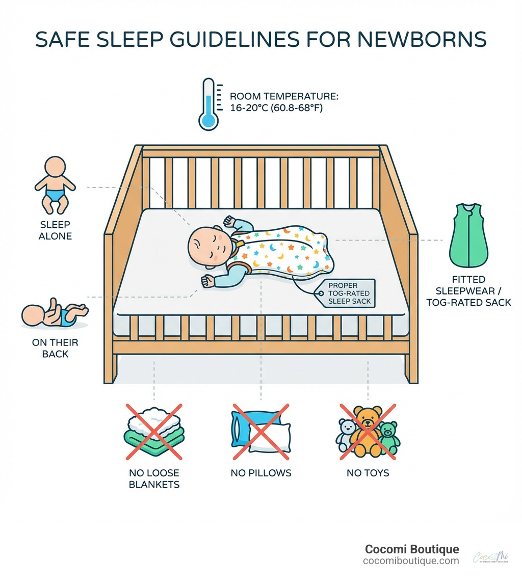 infographic showing safe sleep guidelines: baby should sleep alone on their back in a crib with fitted sleepwear, no loose blankets, pillows or toys, room temperature between 16-20°C, and proper TOG-rated sleep sacks - Newborn baby sleeper infographic 