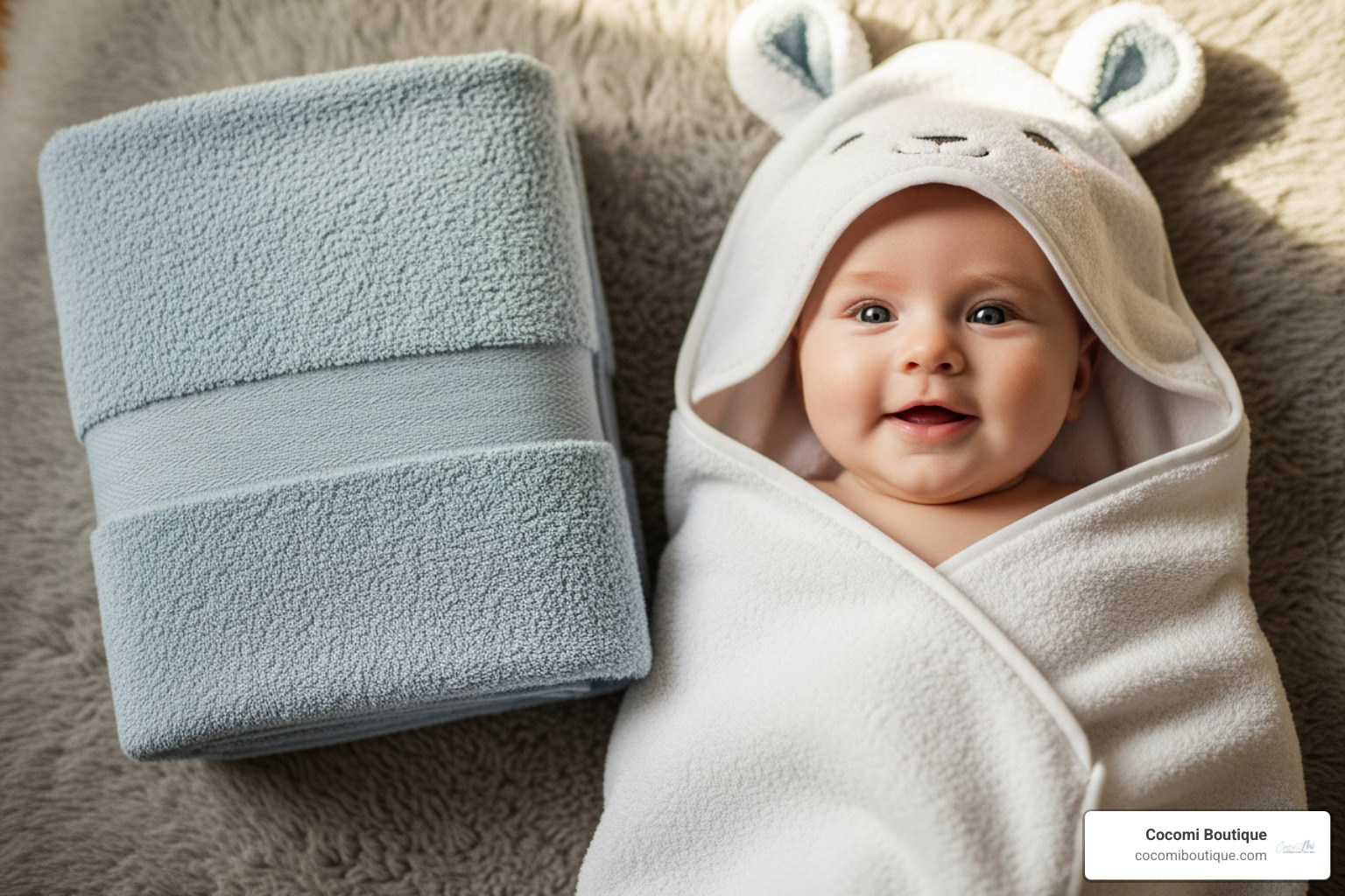 baby in a hooded towel next to a regular towel for size comparison - baby hooded towel