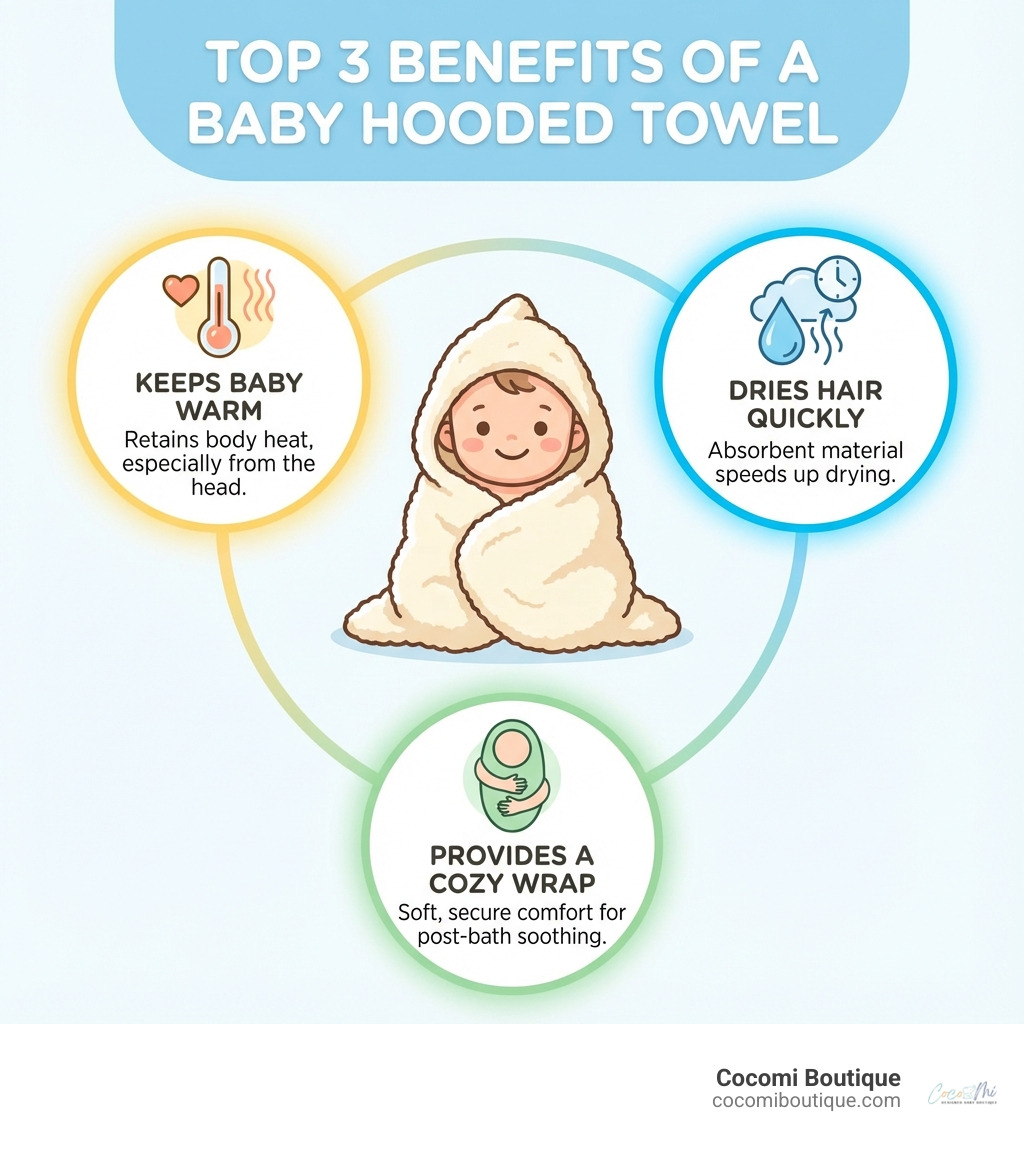 Infographic explaining the top 3 benefits of a baby hooded towel: keeps baby warm, dries hair quickly, and provides a cozy wrap. - baby hooded towel infographic 