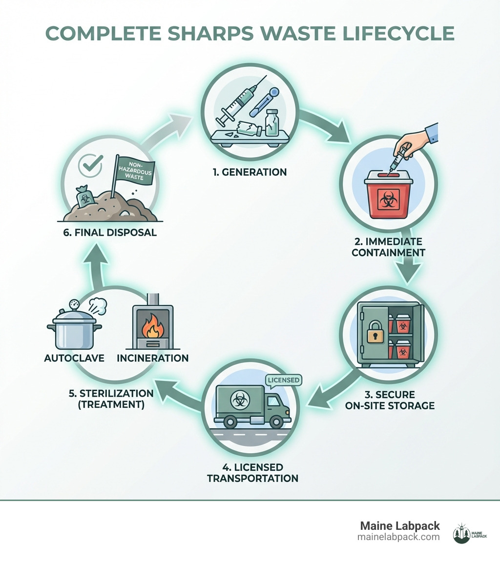 Infographic showing the complete lifecycle of sharps waste: generation at point of use, immediate containment in color-coded puncture-resistant containers, secure on-site storage, licensed transportation to treatment facility, sterilization through autoclaving or incineration, and final disposal as non-hazardous waste in landfill - Sharps waste management infographic Infographic showing the complete lifecycle of sharps waste: generation at point of use, immediate containment in color-coded puncture-resistant containers, secure on-site storage, licensed transportation to treatment facility, sterilization through autoclaving or incineration, and final disposal as non-hazardous waste in landfill - Sharps waste management infographic