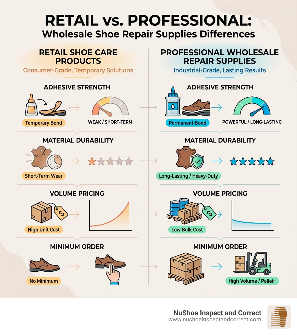 infographic showing the key differences between retail shoe care products and professional wholesale repair supplies including adhesive strength comparison, material durability ratings, volume pricing structures, and typical minimum order requirements for professional distributors - wholesale shoe repair infographic infographic showing the key differences between retail shoe care products and professional wholesale repair supplies including adhesive strength comparison, material durability ratings, volume pricing structures, and typical minimum order requirements for professional distributors - wholesale shoe repair infographic