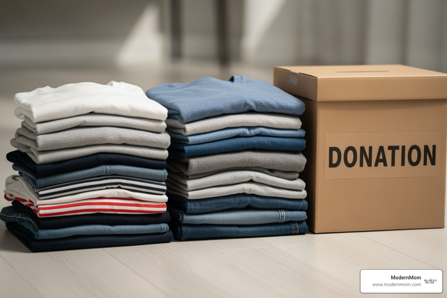 neatly folded clothes next to a donation box - Decluttering for beginners