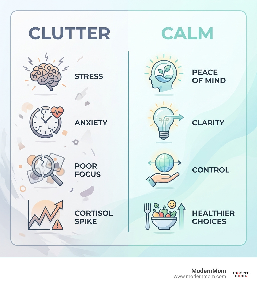 Infographic showing a comparison between cluttered vs. organized spaces: Left side labeled 'Clutter' shows icons for stress, anxiety, poor focus, and cortisol spike; Right side labeled 'Calm' shows icons for peace of mind, clarity, control, and healthier choices - Decluttering for beginners infographic 
