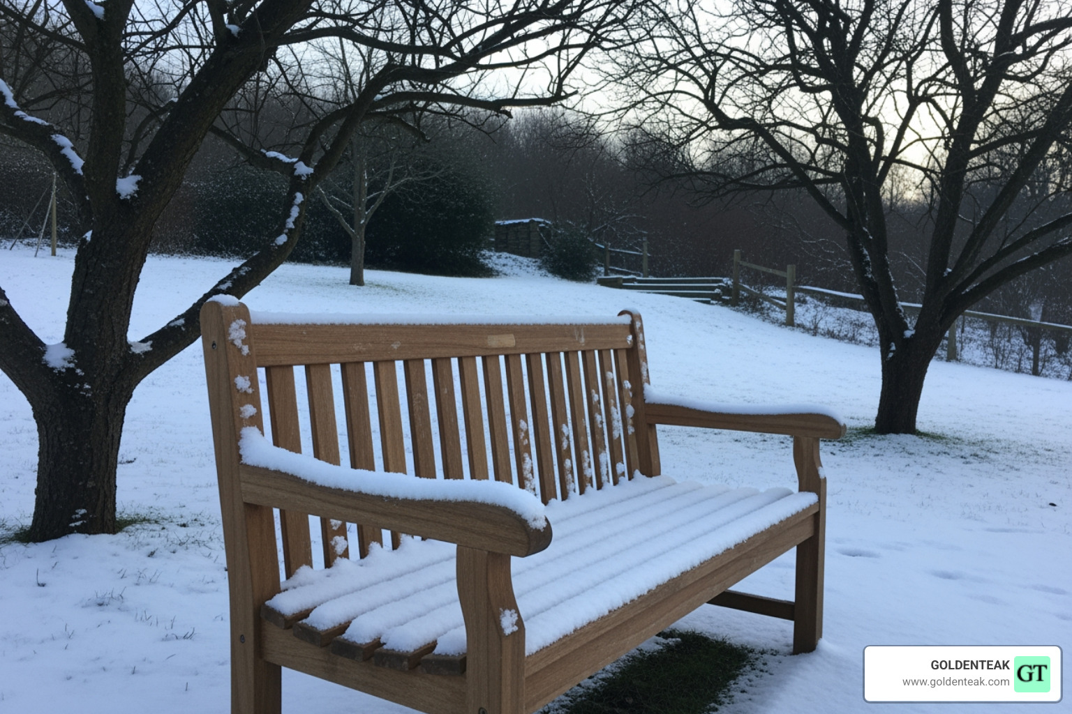 Teak bench lightly covered in snow in a serene backyard - Teak furniture MA