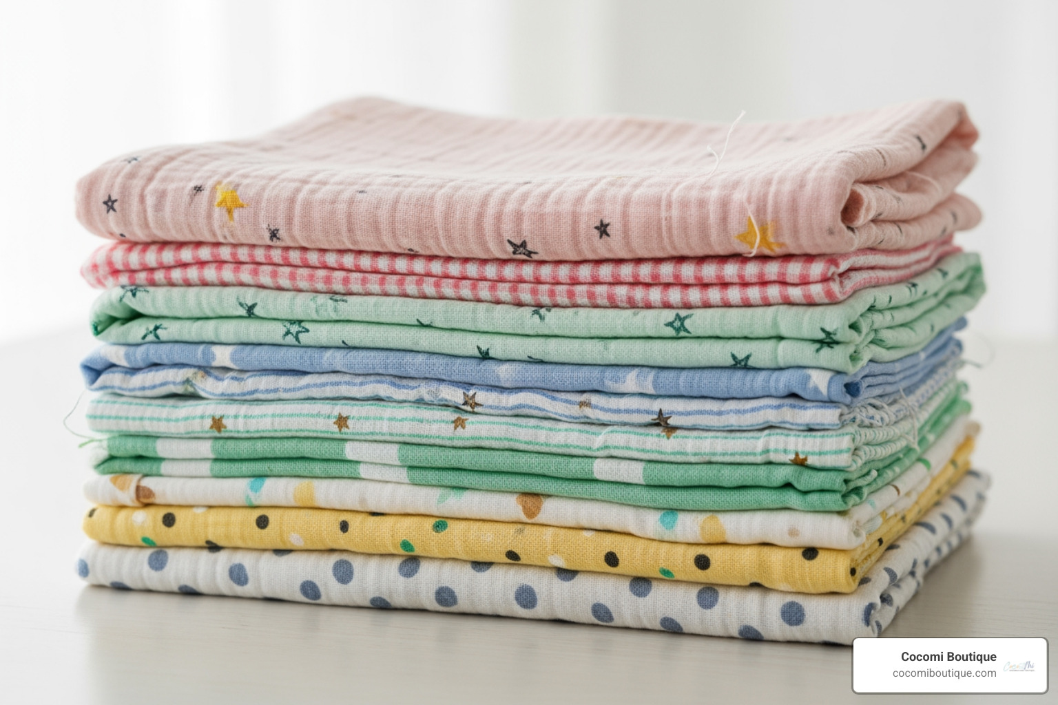 stack of folded organic muslin swaddles in various soft colors and simple patterns - best organic muslin swaddle blankets stack of folded organic muslin swaddles in various soft colors and simple patterns - best organic muslin swaddle blankets