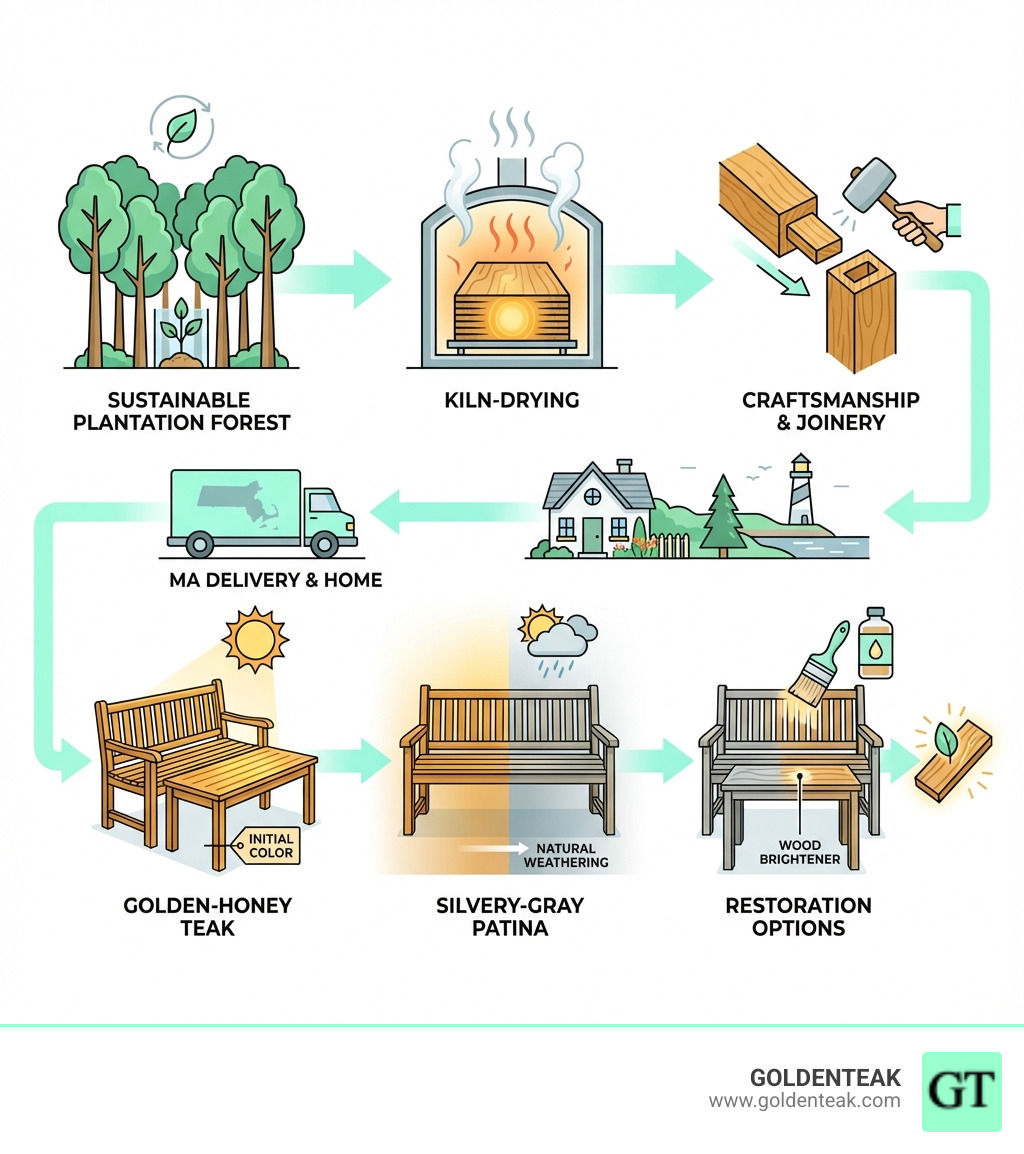 Infographic showing the journey of teak furniture from sustainable plantation forest through kiln-drying, craftsmanship with mortise and tenon joinery, delivery to a Massachusetts home, initial golden-honey color, natural weathering process to silvery-gray patina, and restoration options including wood brightener treatment - Teak furniture MA infographic 