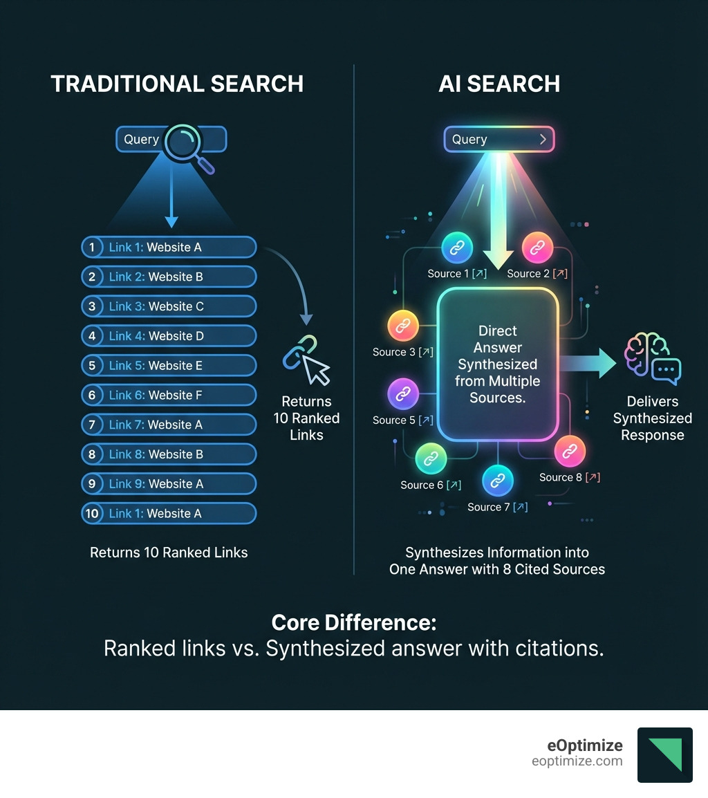 Core differences between traditional search showing ranked blue links versus AI search showing synthesized answers with citations from multiple sources; diagram illustrates how traditional search returns 10 blue links while AI search synthesizes information into one answer with 8 cited sources - optimize content for AI infographic 