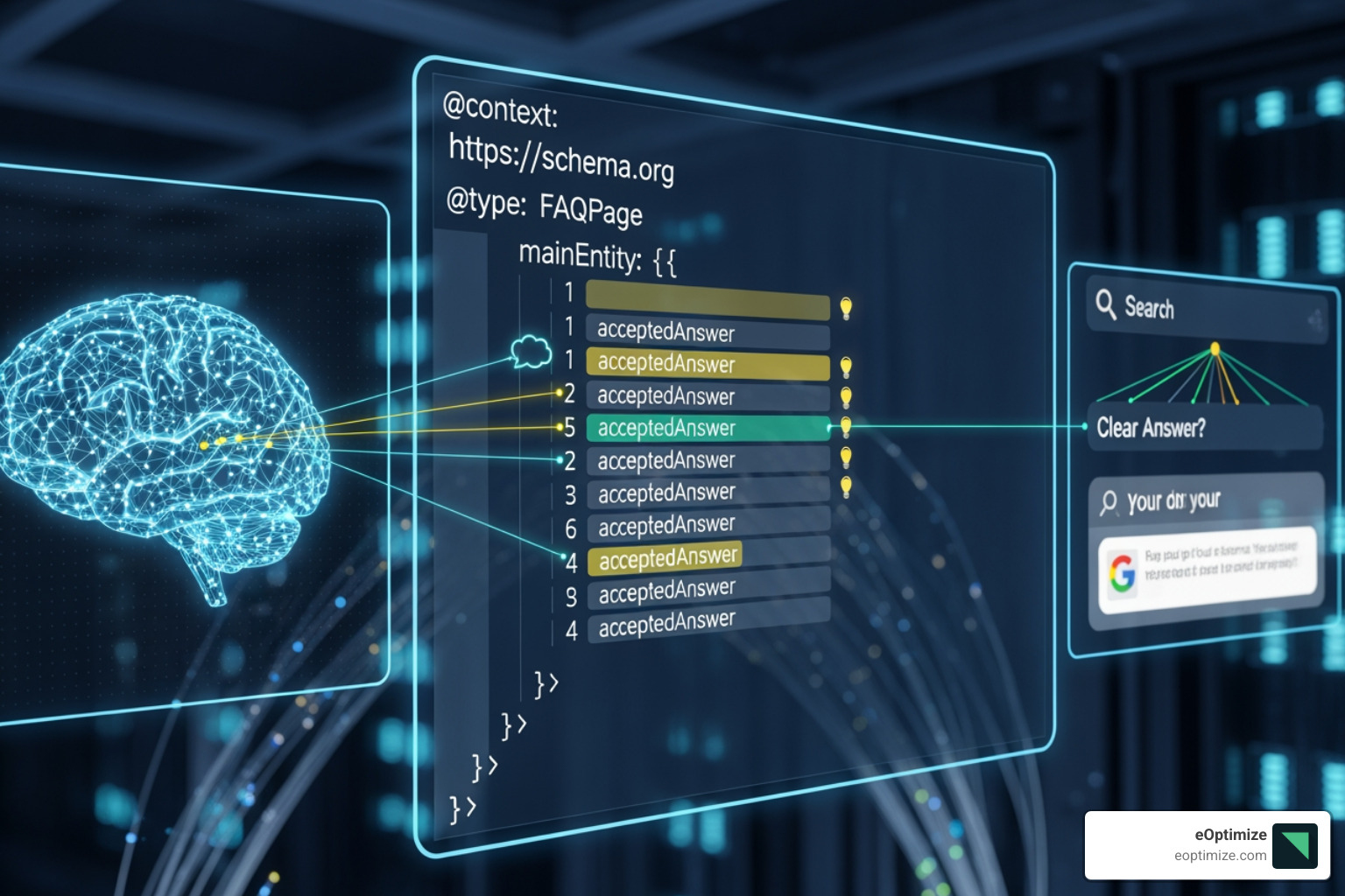 A code snippet example of FAQPage schema markup, showing the JSON-LD structure for questions and answers, designed to help AI understand content - optimize content for AI