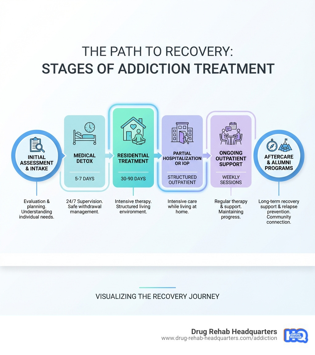 Infographic showing the stages of addiction recovery: Initial Assessment and Intake, Medical Detox (5-7 days with 24/7 supervision), Residential Treatment (30-90 days of intensive therapy), Partial Hospitalization or IOP (structured outpatient care), Ongoing Outpatient Support (weekly therapy sessions), and Aftercare and Alumni Programs (long-term recovery support and relapse prevention) - rehab knoxville tn infographic 
