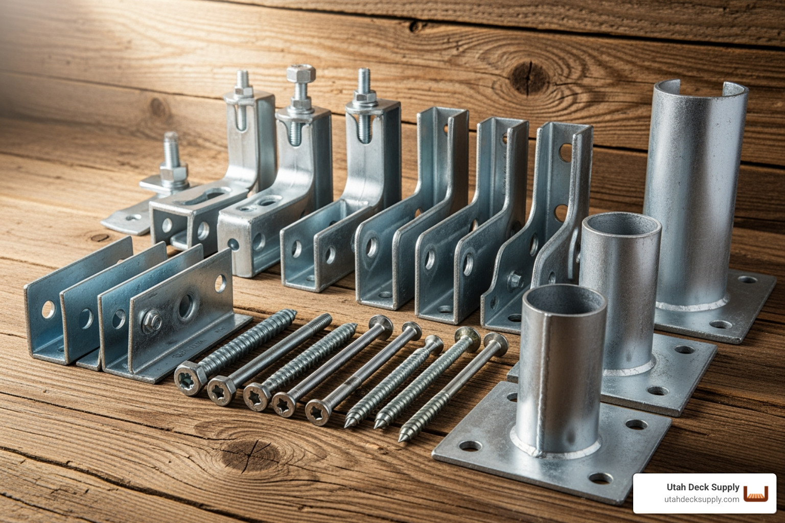 various joist hangers, post bases, and structural screws laid out on a wood background. - deck hardware various joist hangers, post bases, and structural screws laid out on a wood background. - deck hardware
