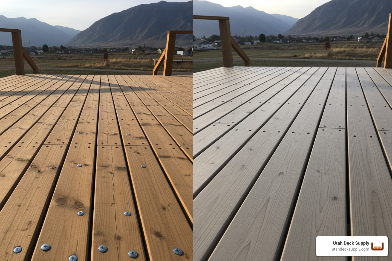 side-by-side comparison of a deck with face screws and a deck with hidden fasteners. - deck hardware side-by-side comparison of a deck with face screws and a deck with hidden fasteners. - deck hardware