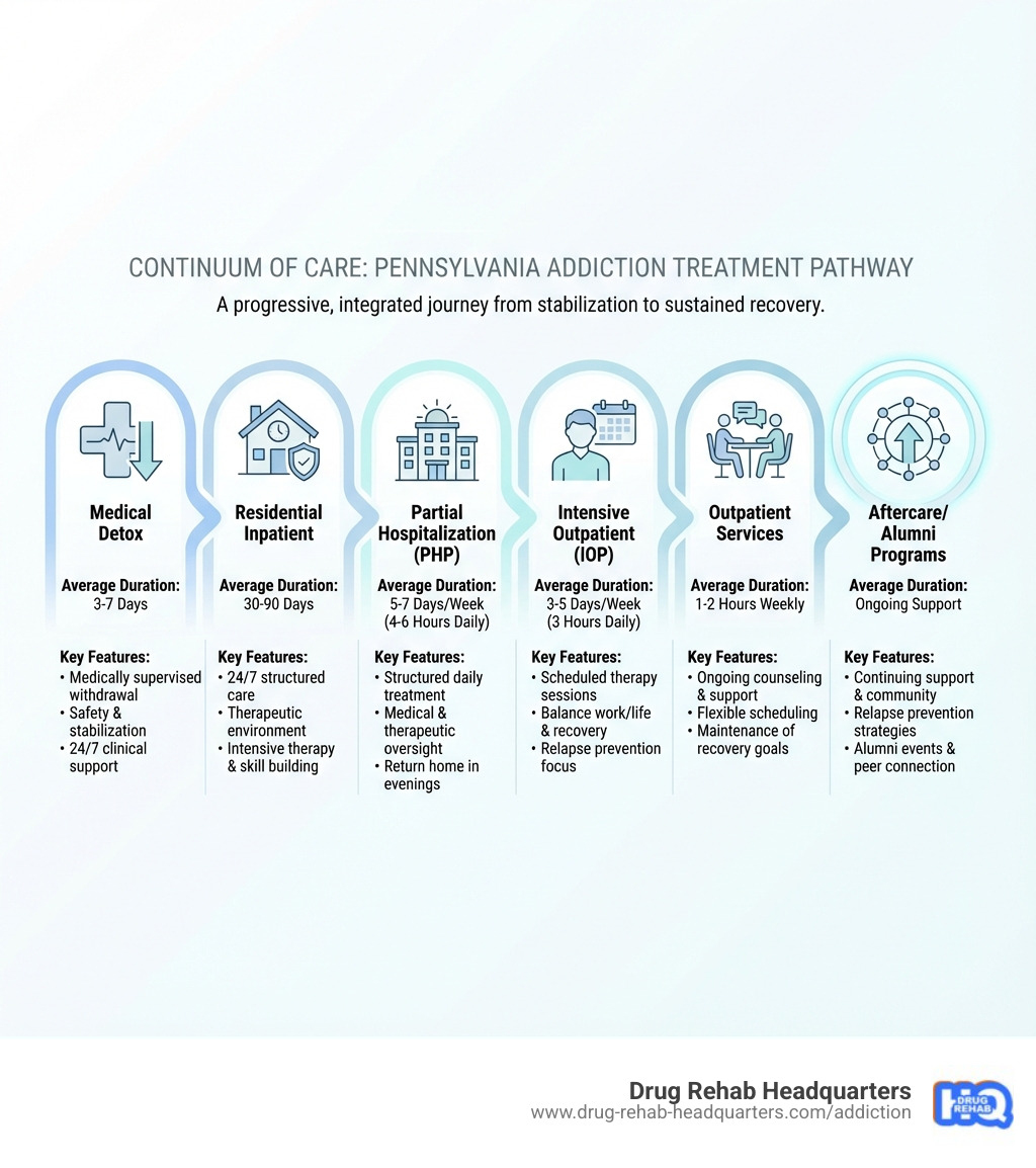Infographic showing the continuum of care in Pennsylvania addiction treatment: Medical Detox (3-7 days, medically supervised withdrawal), Residential Inpatient (30-90 days, 24/7 structured care), Partial Hospitalization PHP (4-6 hours daily, 5-7 days per week), Intensive Outpatient IOP (3 hours daily, 3-5 days per week), Outpatient Services (1-2 hours weekly, ongoing support), and Aftercare/Alumni Programs (continuing support, relapse prevention). Each level includes average duration and key features. - rehabilitation centers in pennsylvania infographic 