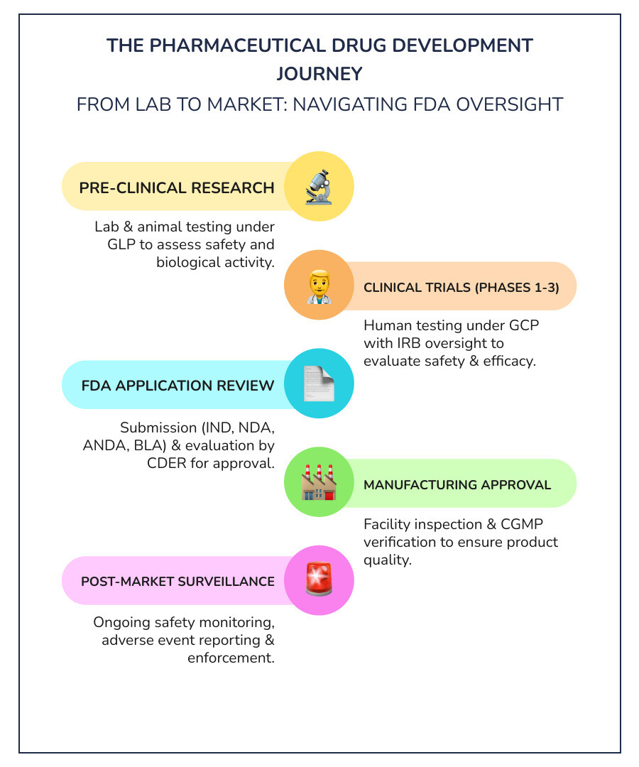 Infographic showing the pharmaceutical drug development journey: Starting with Pre-Clinical Research (Laboratory and Animal Testing under Good Laboratory Practice), moving to Clinical Trials Phase 1-3 (Human Testing under Good Clinical Practice with IRB Oversight), then to FDA Application Review (IND, NDA, ANDA, or BLA submission and evaluation by CDER), followed by Manufacturing Approval (Facility inspection and CGMP compliance verification), and finally Post-Market Surveillance (Ongoing safety monitoring, adverse event reporting, and enforcement actions) - FDA regulations pharmaceutical infographic infographic-line-5-steps-colors