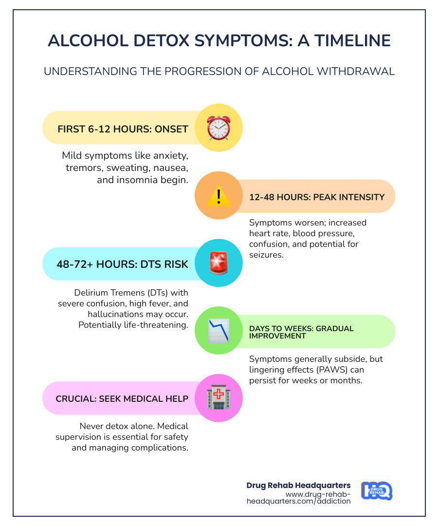 infographic showing the progression of alcohol withdrawal symptoms from 6 hours to several days, including mild symptoms like anxiety and tremors at 6-12 hours, moderate symptoms like increased blood pressure at 12-48 hours, and severe symptoms like seizures and delirium tremens at 48-72 hours, with emphasis on seeking medical help - Alcohol detox symptoms infographic infographic-line-5-steps-colors infographic showing the progression of alcohol withdrawal symptoms from 6 hours to several days, including mild symptoms like anxiety and tremors at 6-12 hours, moderate symptoms like increased blood pressure at 12-48 hours, and severe symptoms like seizures and delirium tremens at 48-72 hours, with emphasis on seeking medical help - Alcohol detox symptoms infographic infographic-line-5-steps-colors
