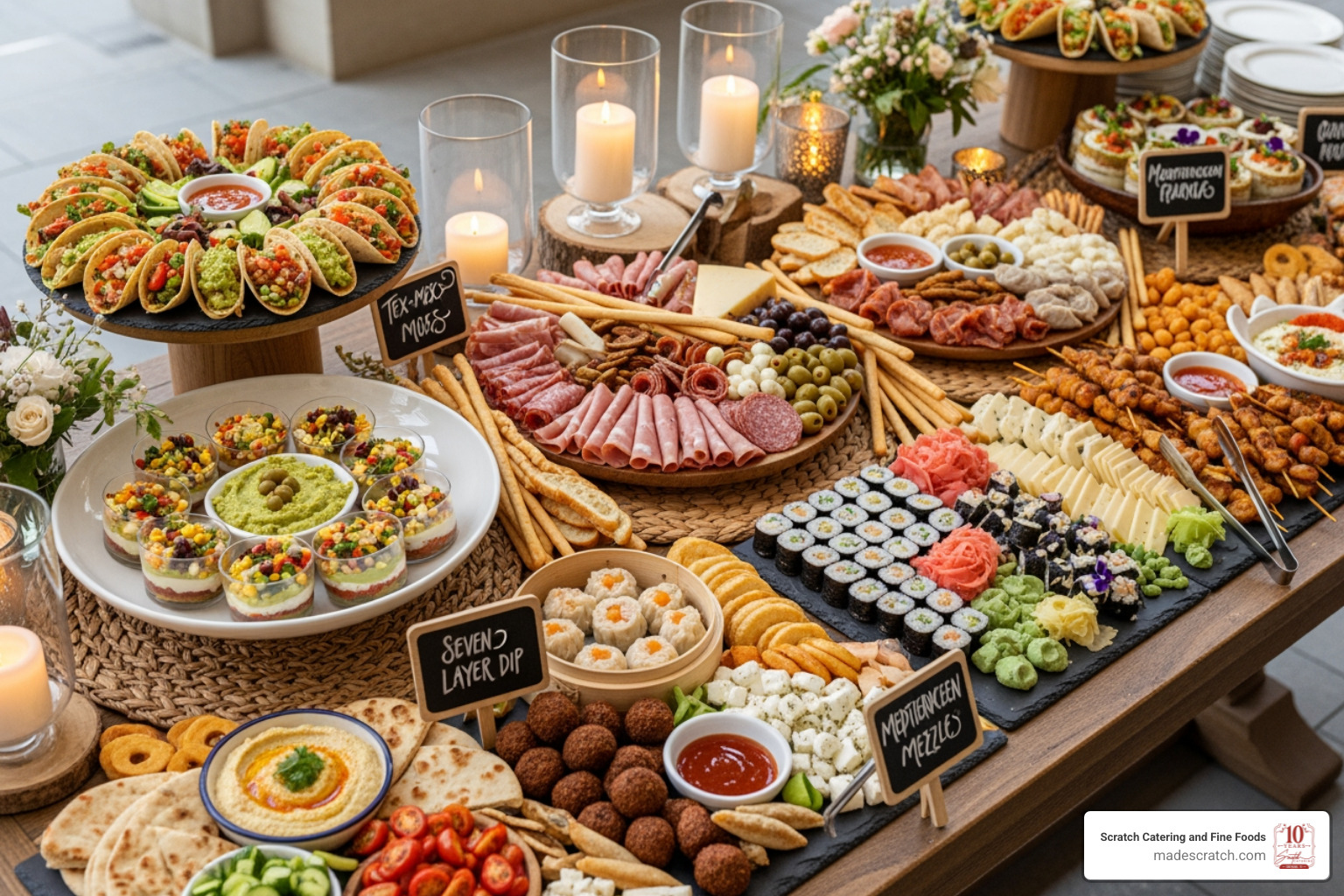 Diverse grazing table with various cuisines - fort worth catering service Diverse grazing table with various cuisines - fort worth catering service