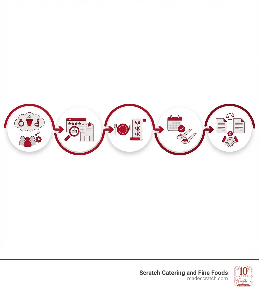 Infographic showing 5 key steps to hiring the perfect Fort Worth caterer: 1. Define your event type and guest count, 2. Research caterers with strong reviews and relevant experience, 3. Review menus and confirm dietary accommodation capabilities, 4. Schedule tastings with top 2-3 candidates, 5. Compare full proposals including service level, pricing, and contract terms - fort worth catering service infographic Infographic showing 5 key steps to hiring the perfect Fort Worth caterer: 1. Define your event type and guest count, 2. Research caterers with strong reviews and relevant experience, 3. Review menus and confirm dietary accommodation capabilities, 4. Schedule tastings with top 2-3 candidates, 5. Compare full proposals including service level, pricing, and contract terms - fort worth catering service infographic